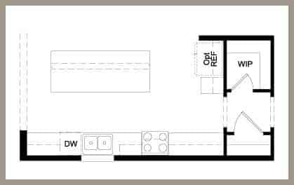 Floor plan layout of a kitchen with eat-in dining / Floorplan layout of an entertainers’ kitchen with large island