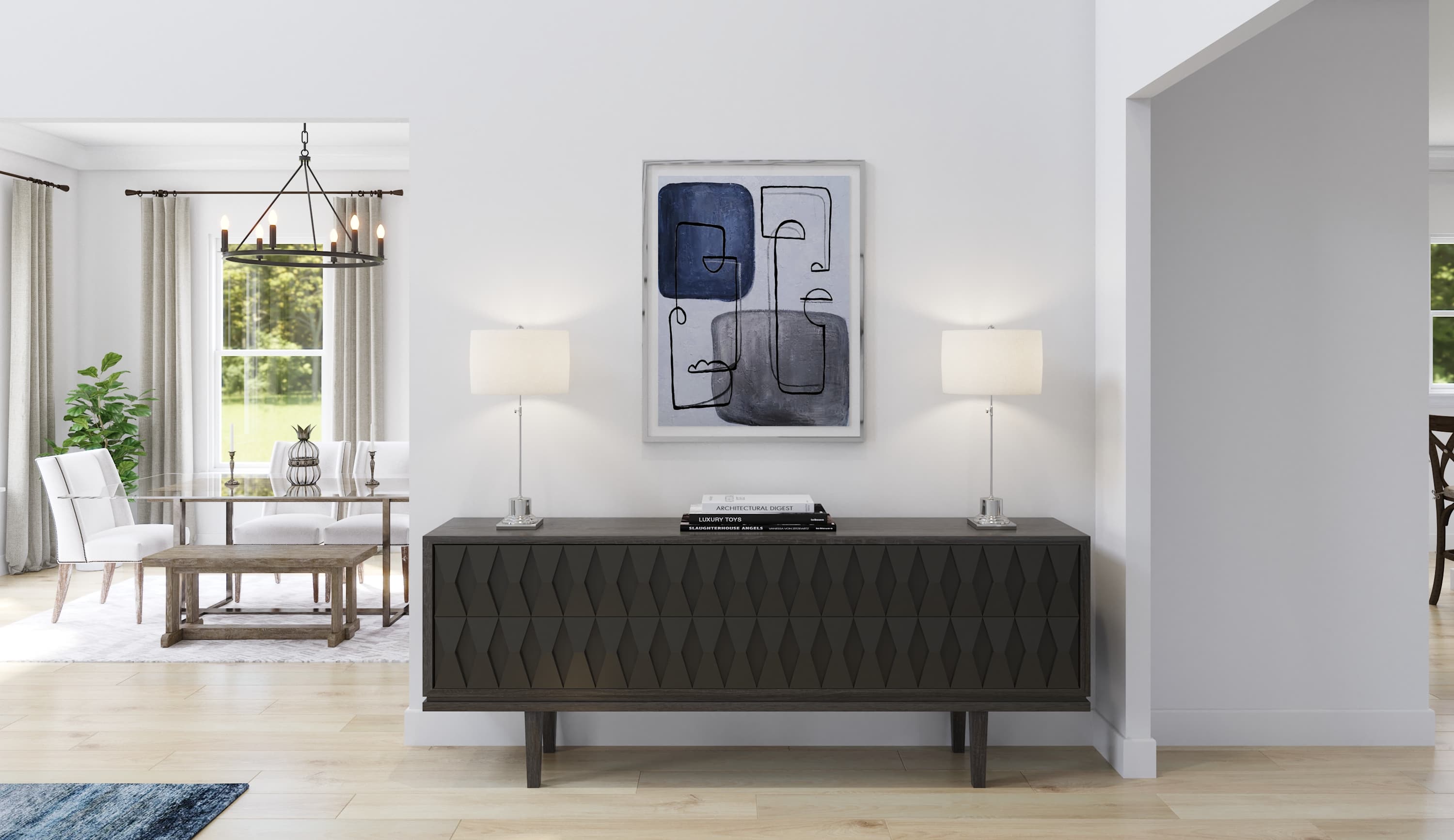 foyer with stand and lights 