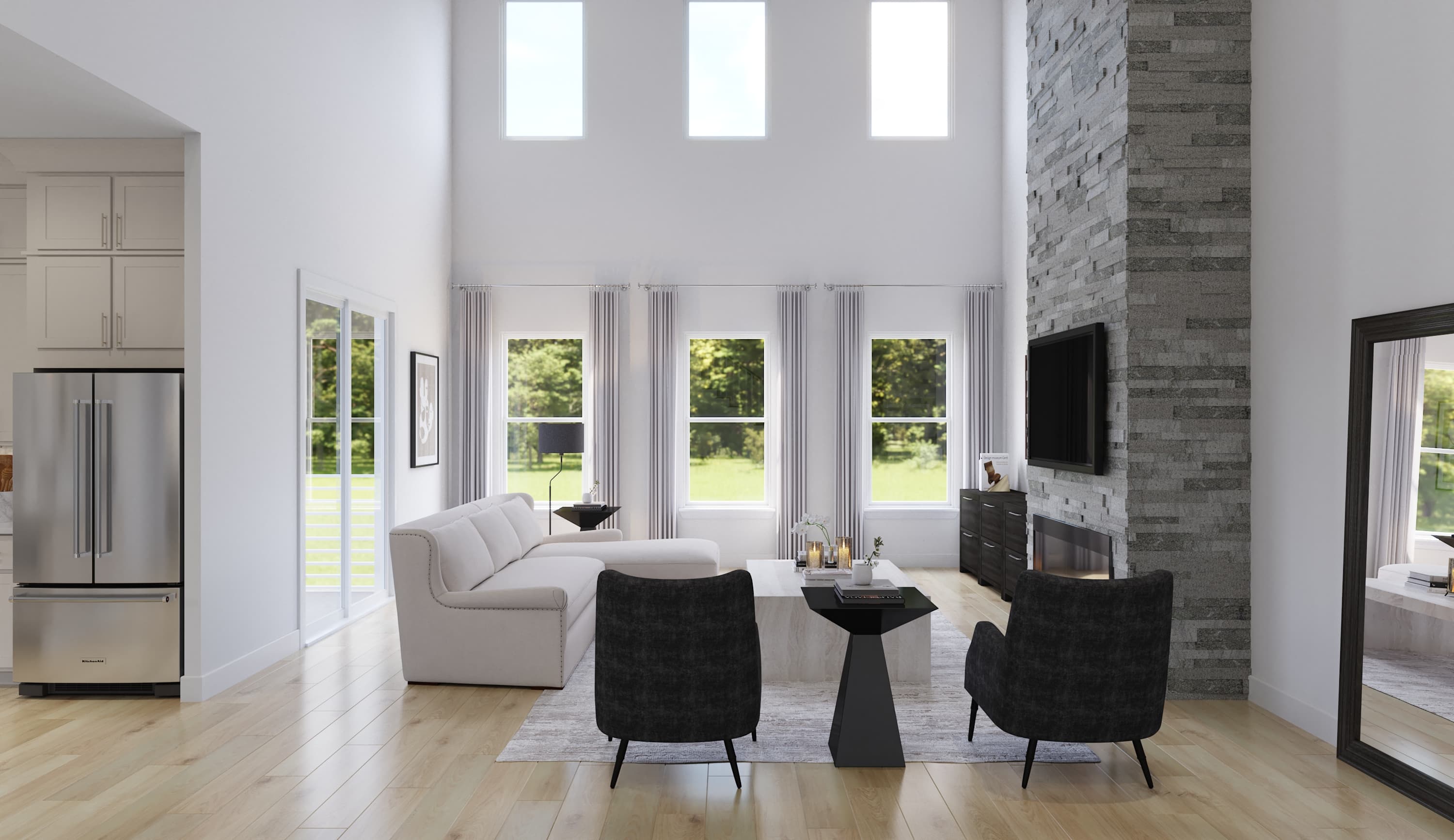 great room with furniture and fireplace