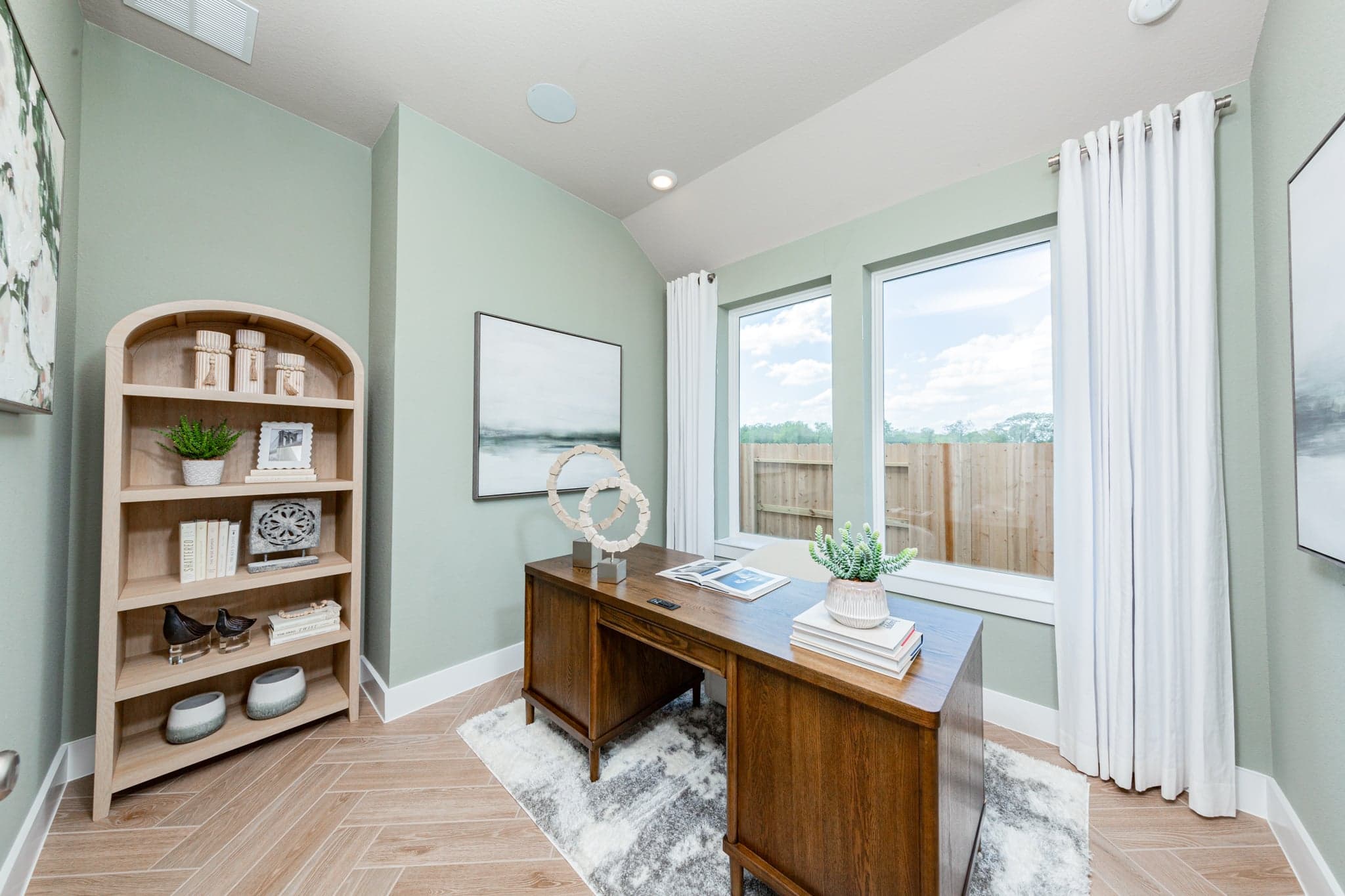 private study with herringbone flooring