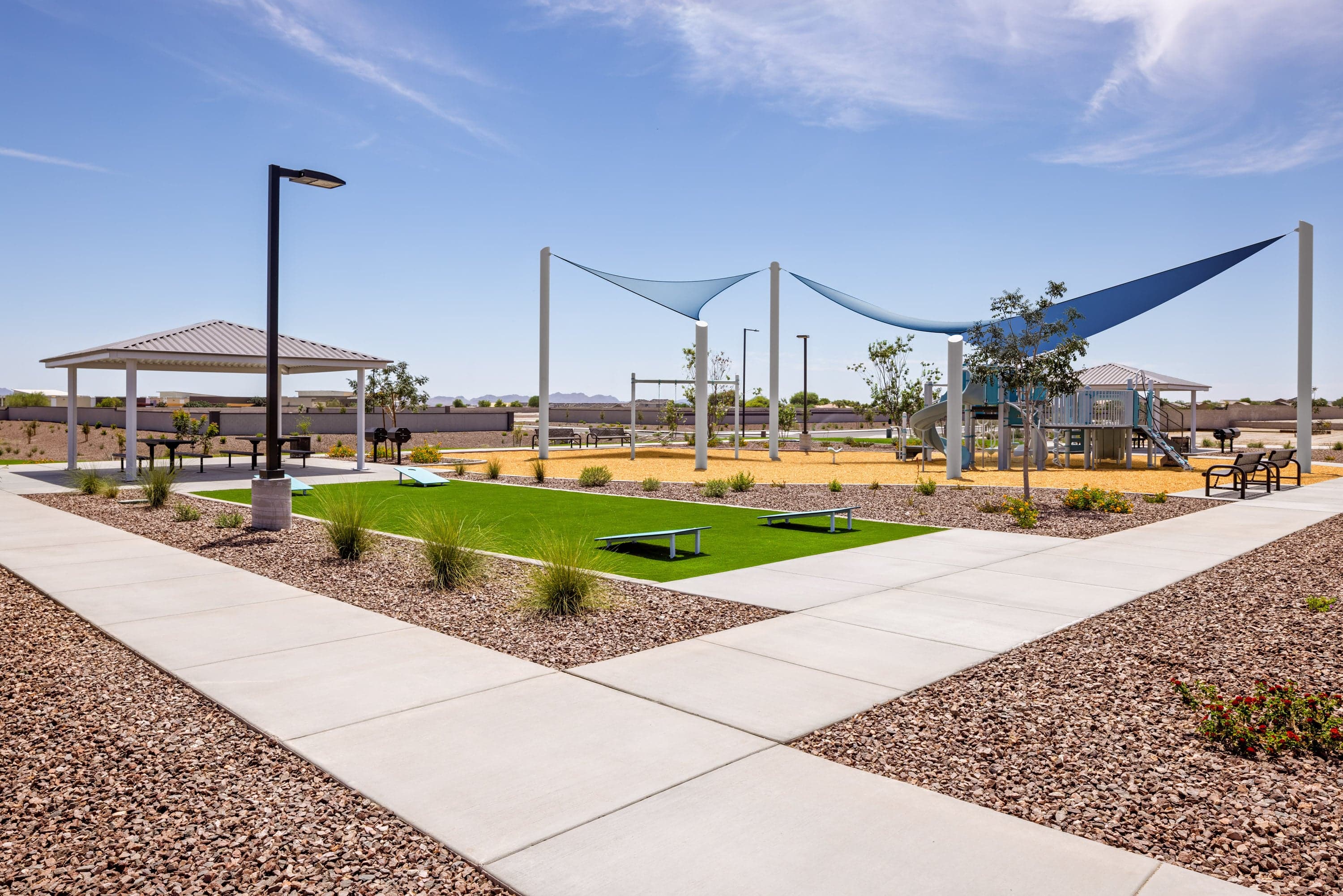 park with covered space, grills, cornhole and jungle gym