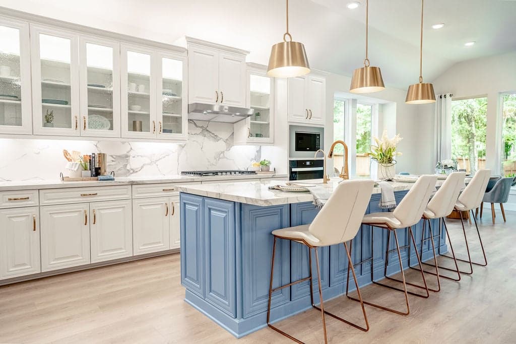 open kitchen with white cabinets