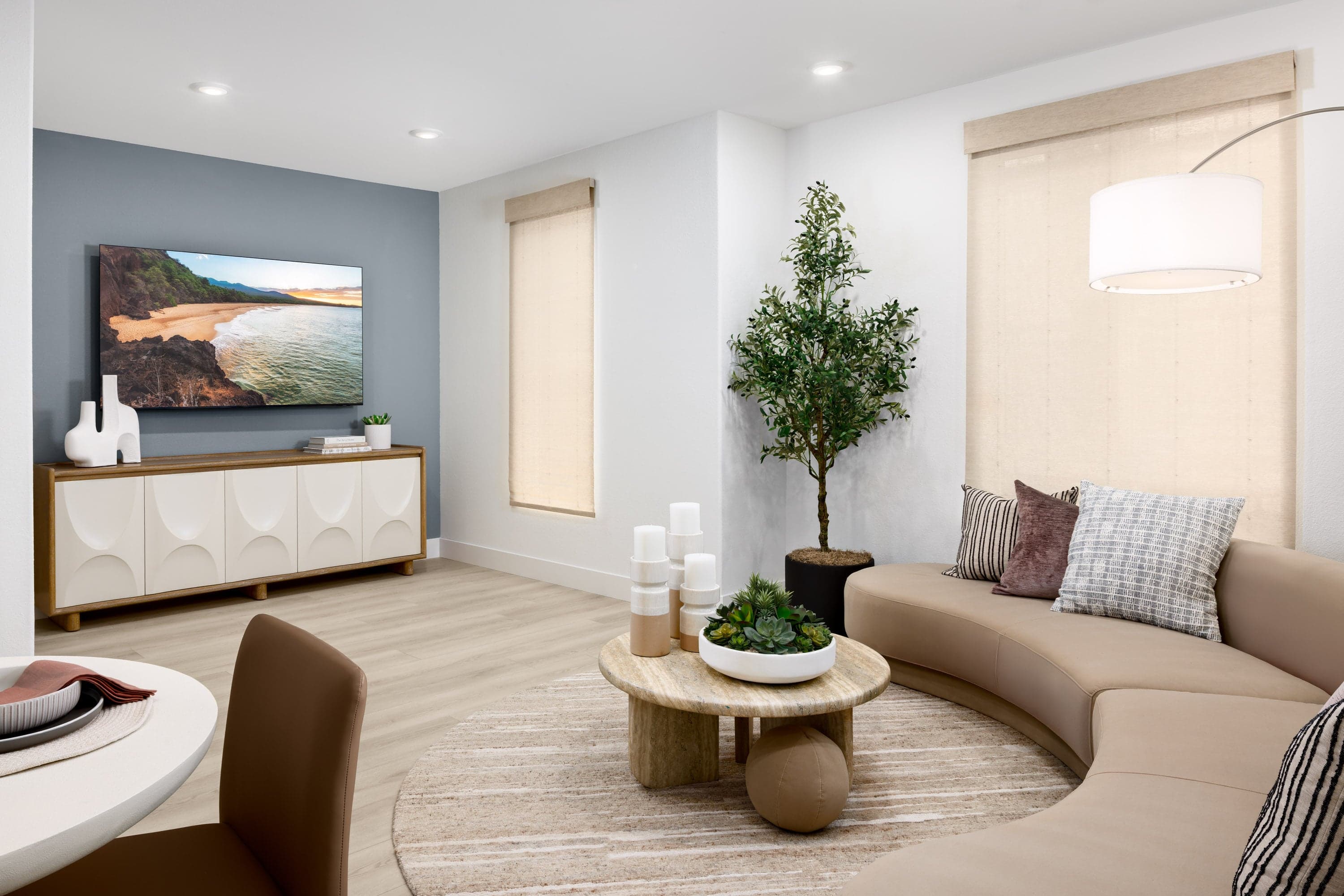great room with slate blue wall behind television, crescent shaped modern tan sofa, wood floors, and potted plant