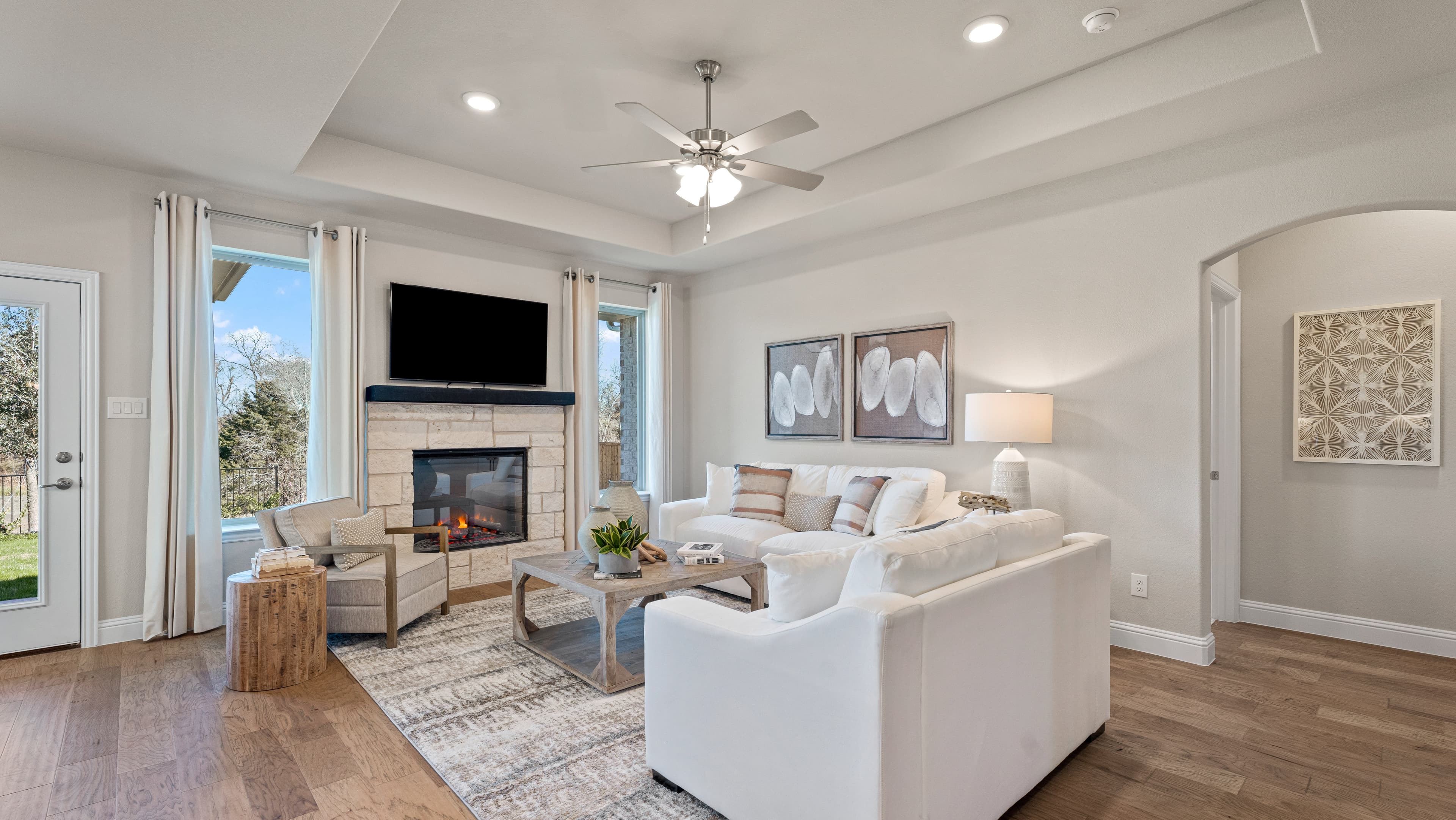 open great room with electric fireplace