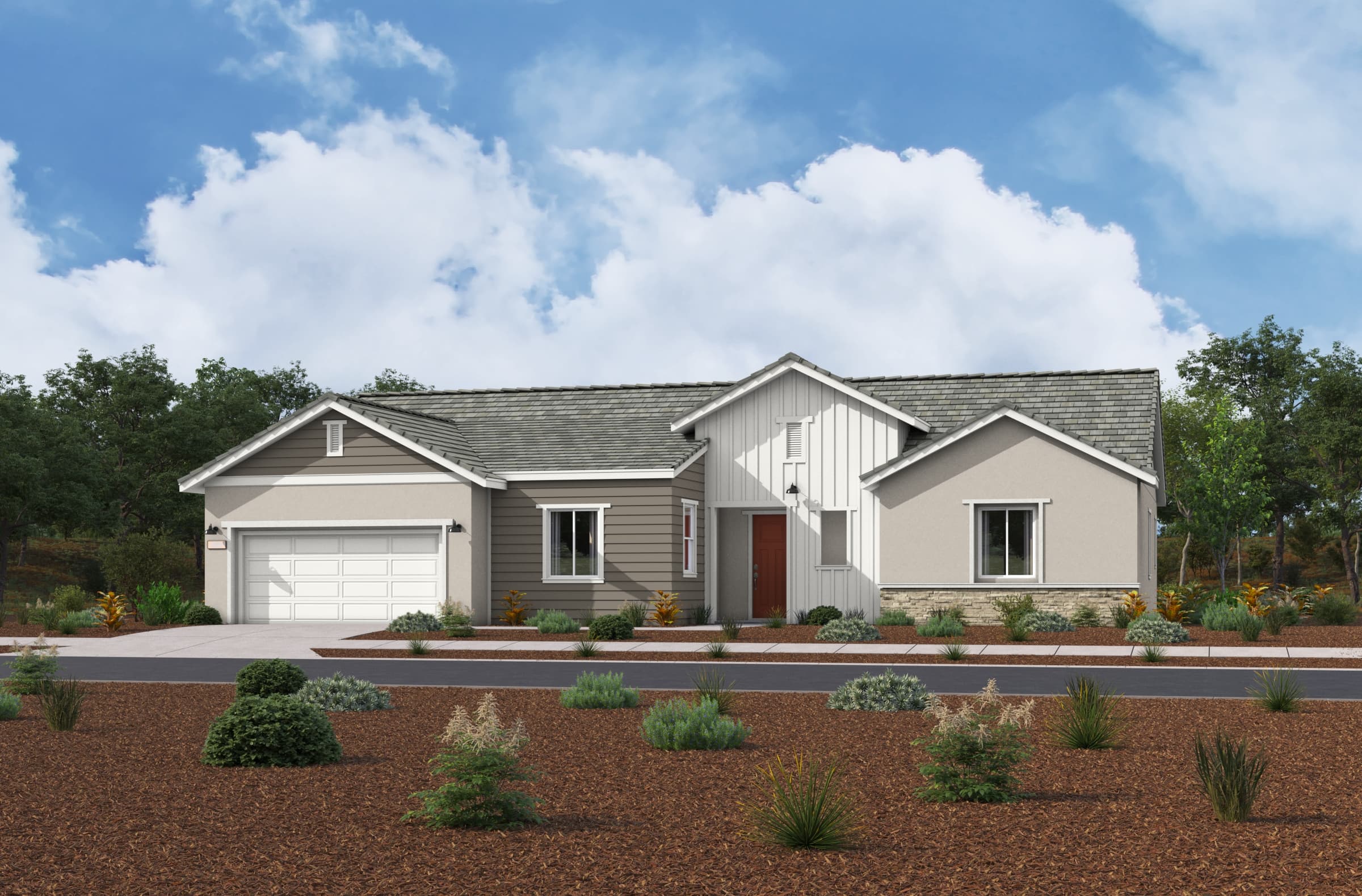 multicolored one-story exterior with a white windowless garage