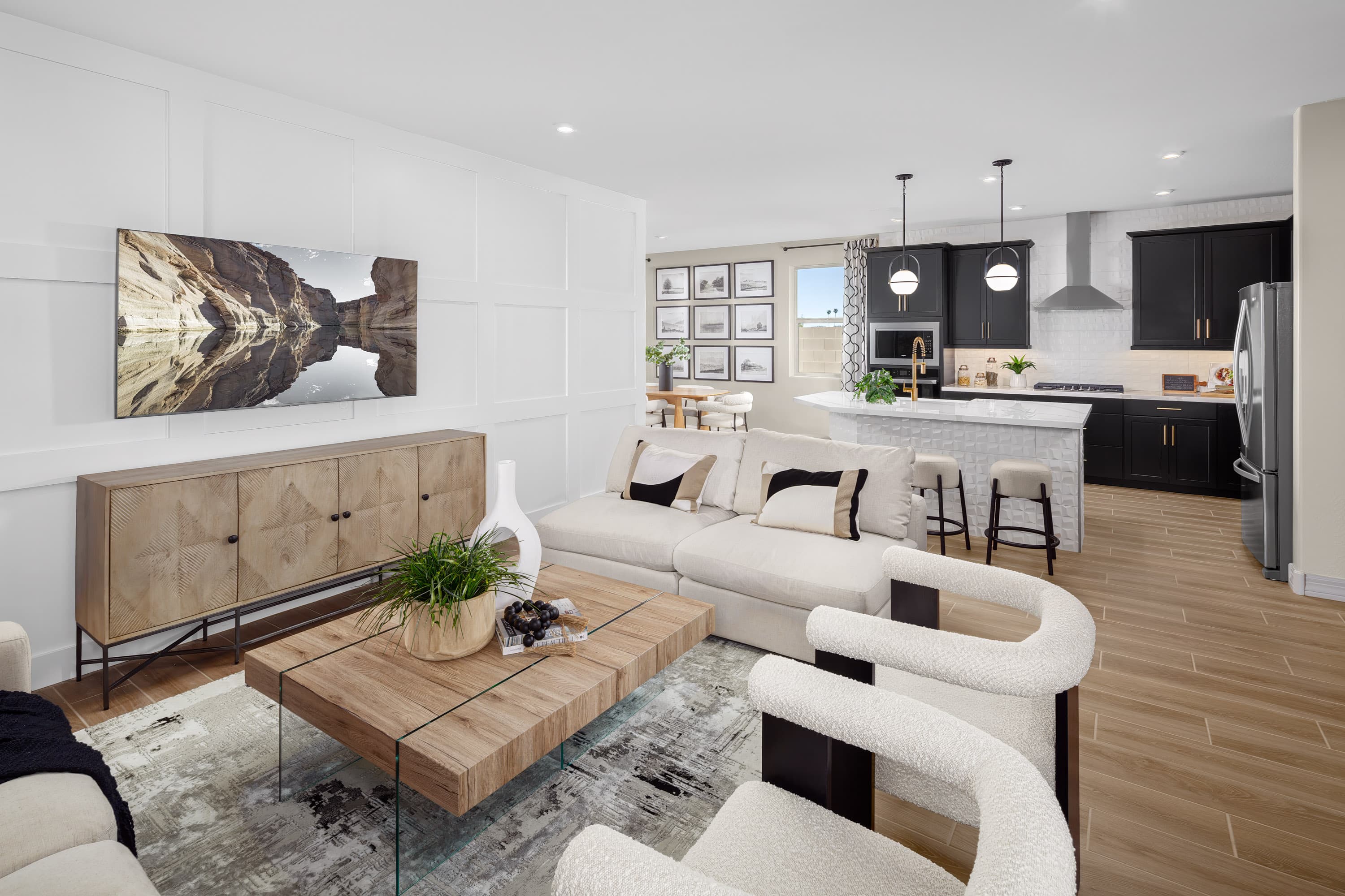 open-concept great room with sofa and coffee table