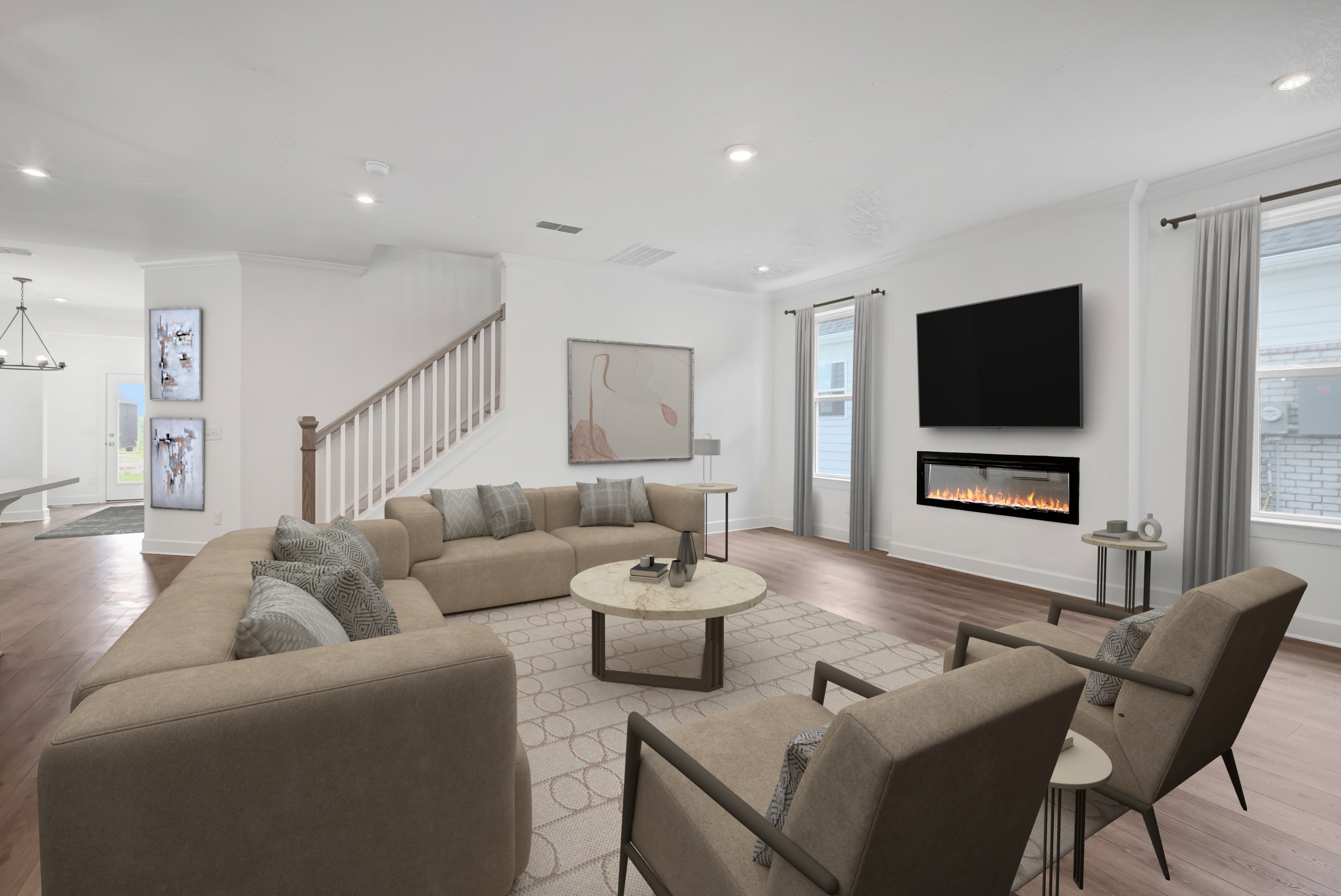 living room with sofas, chairs, and fireplace