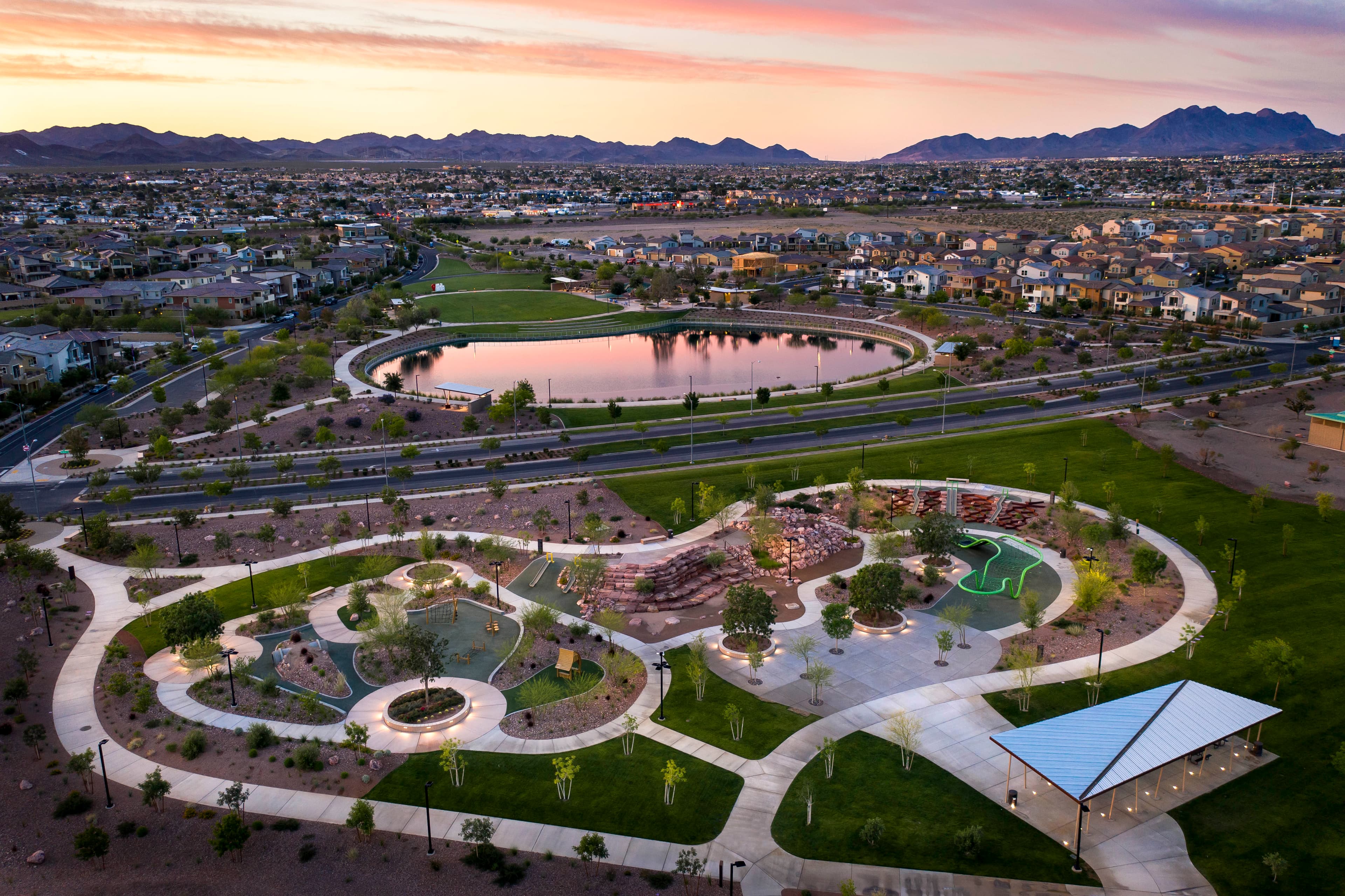 community park, pond, and mountain views