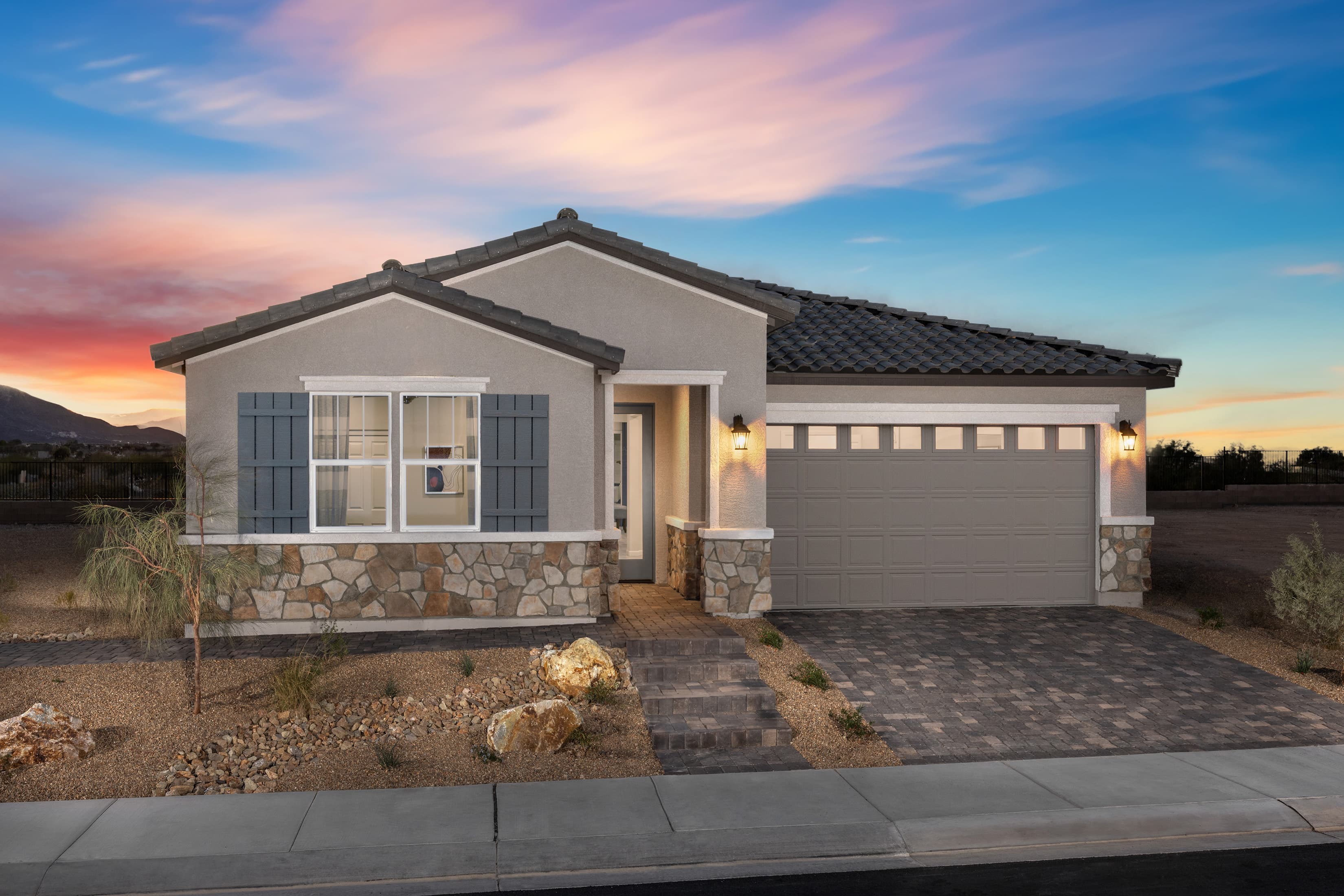 desert landscaping and stone driveway