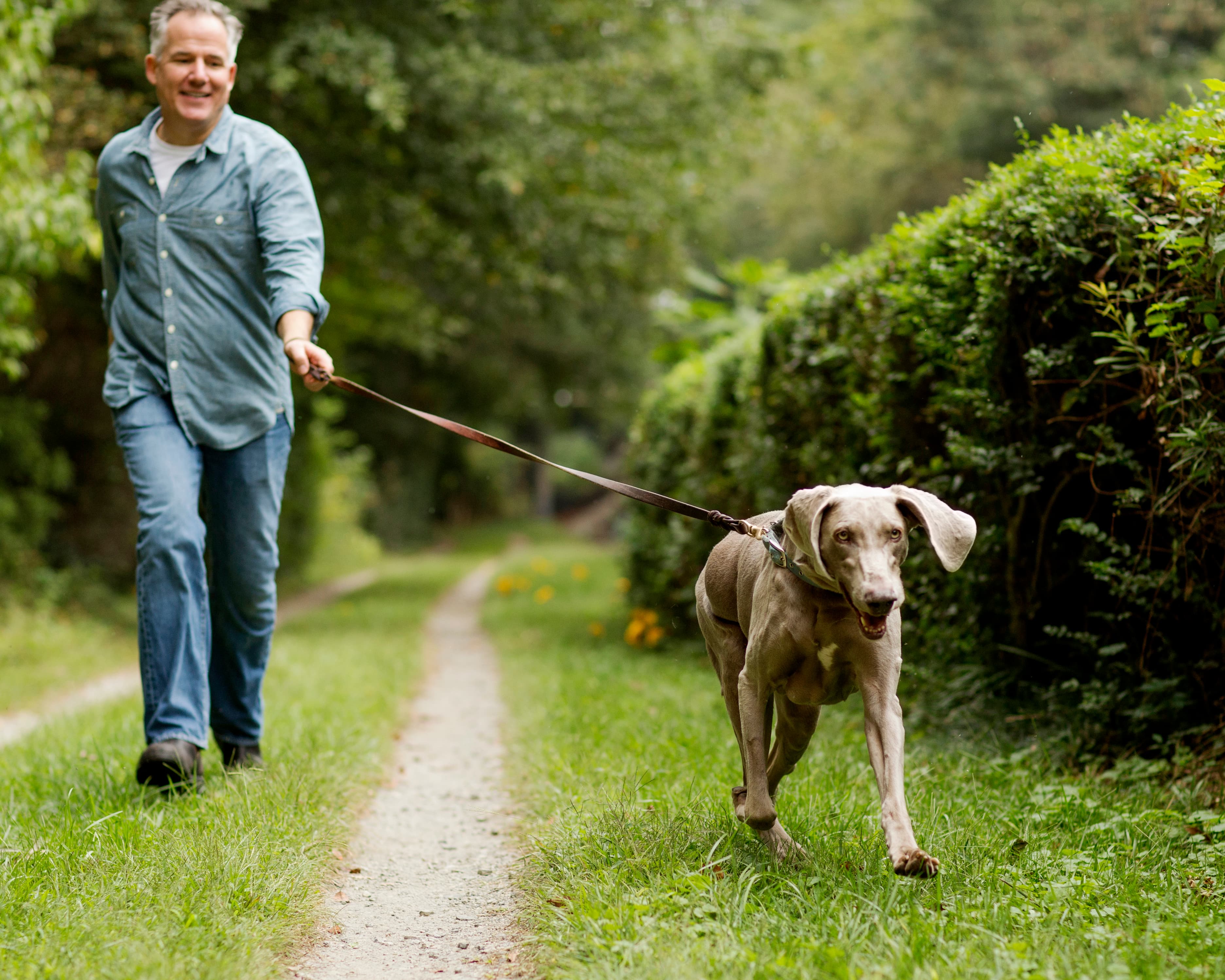 man walking dog outside