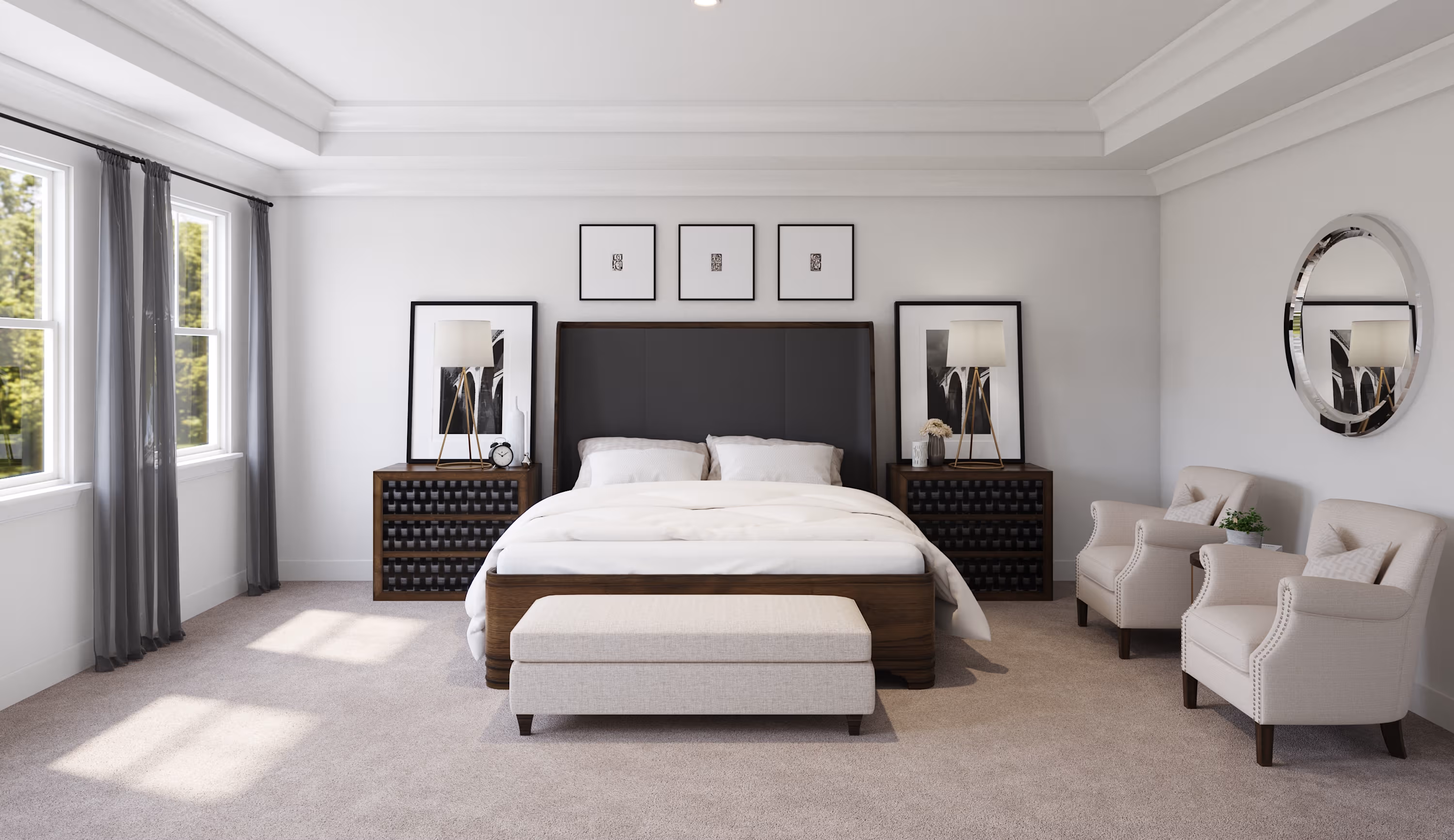 primary bedroom with queen bedroom and chairs