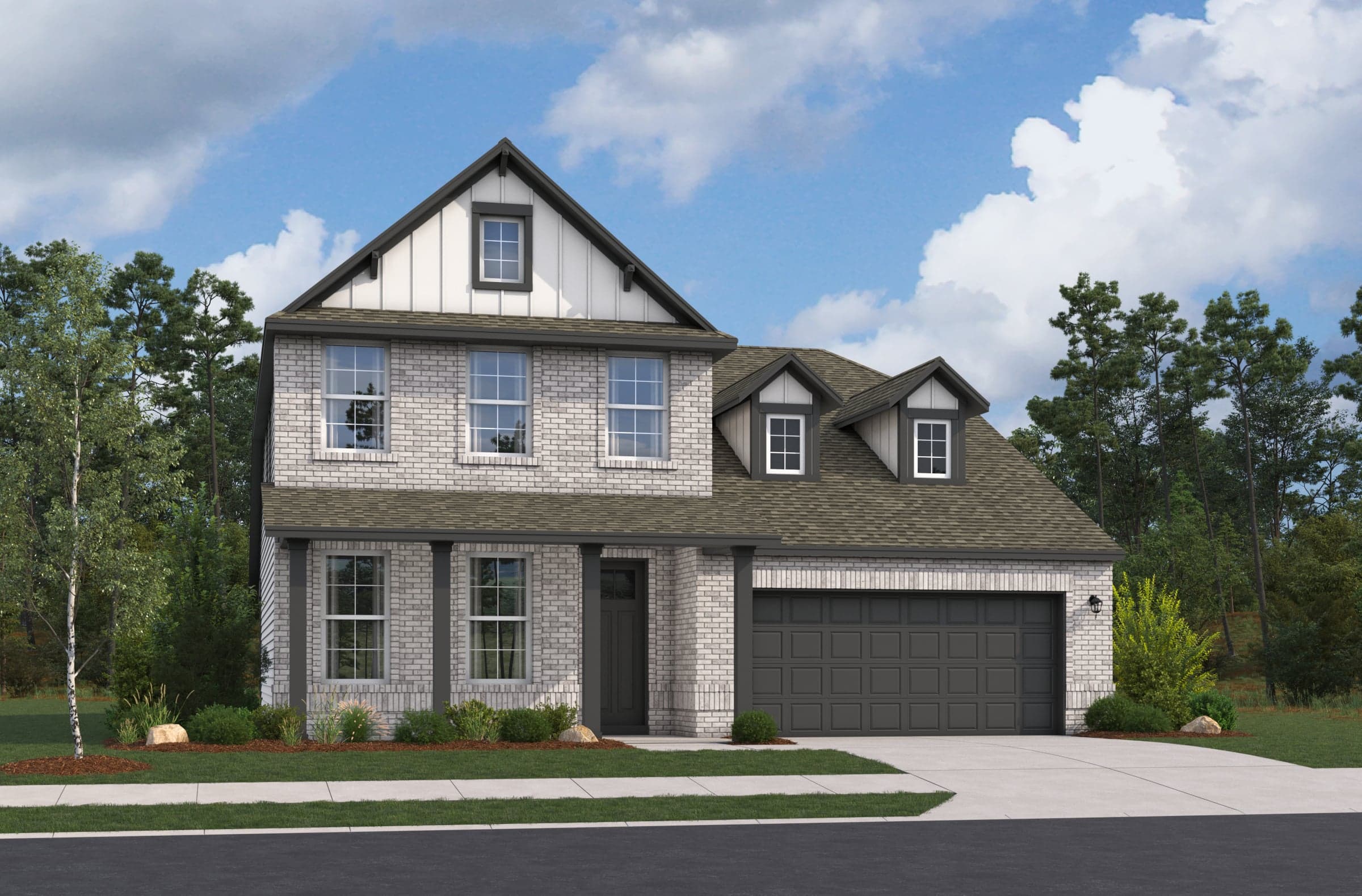 home with brick, windows and landscaping