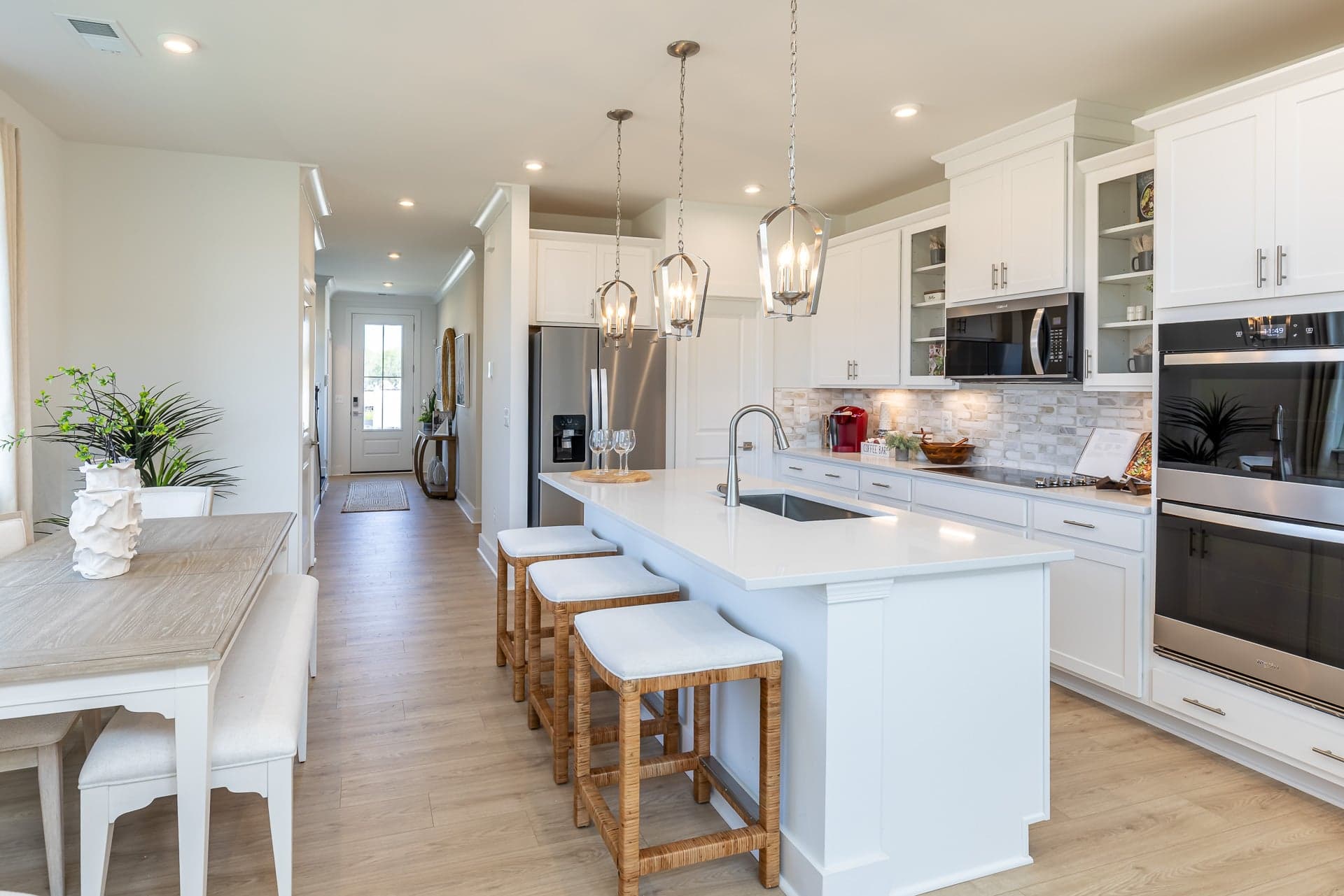 kitchen with a center island and barstools