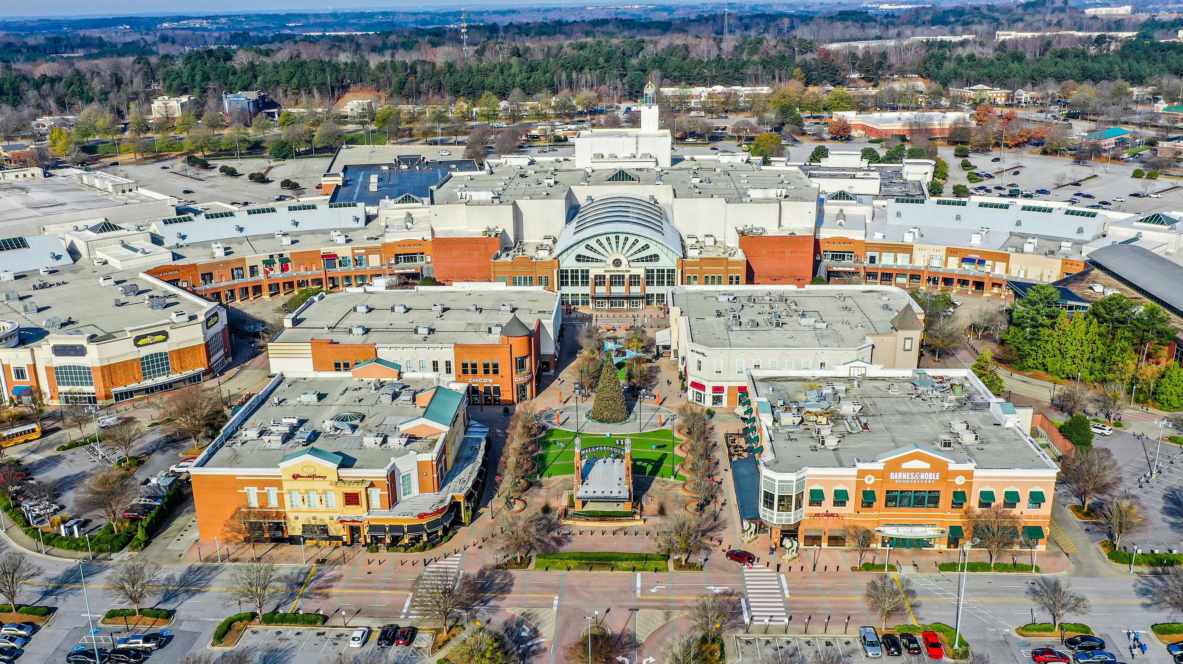 drone shot of mall of georgia and shops