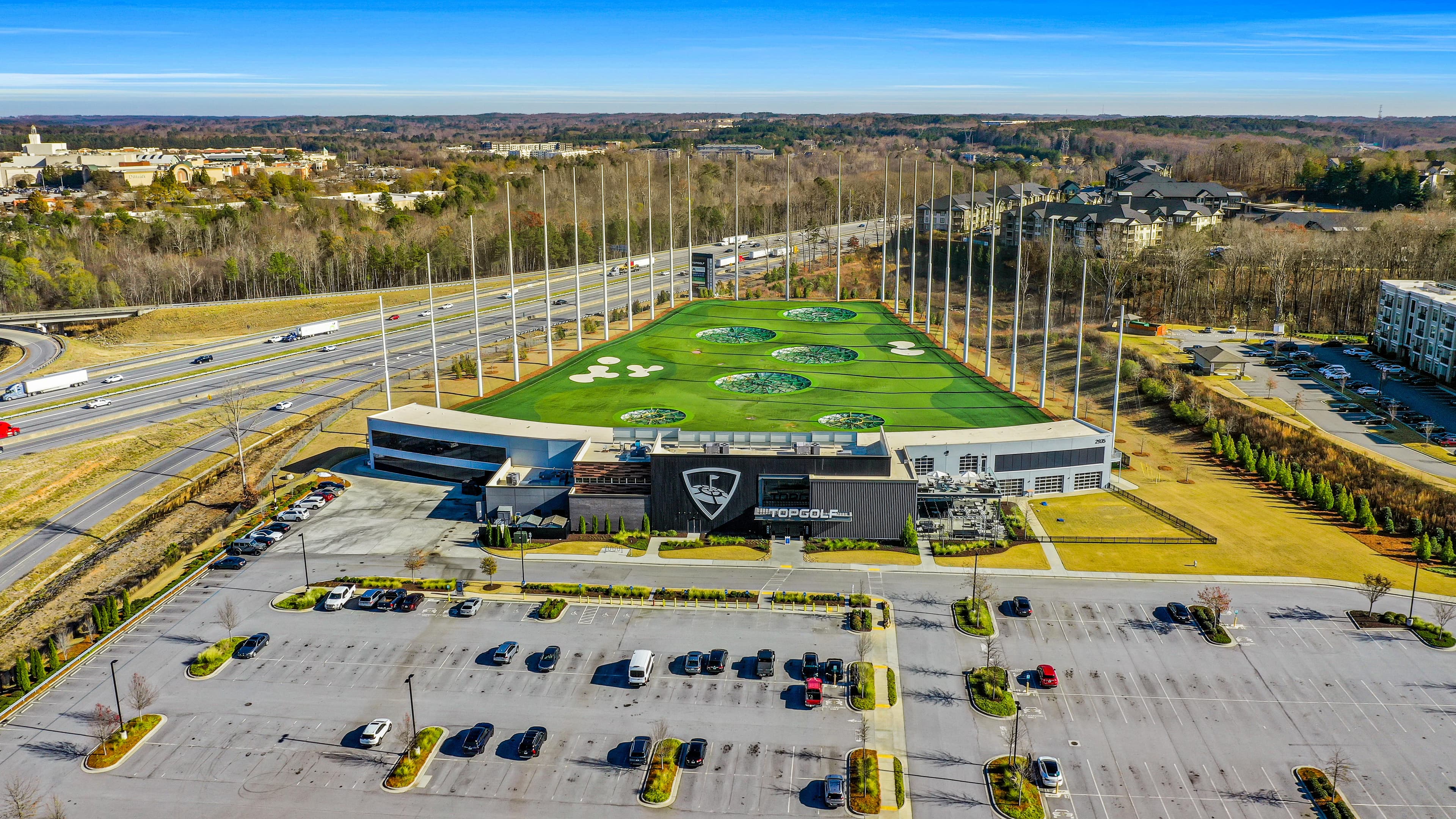 drone shot of top golf at the exchange at gwinnett