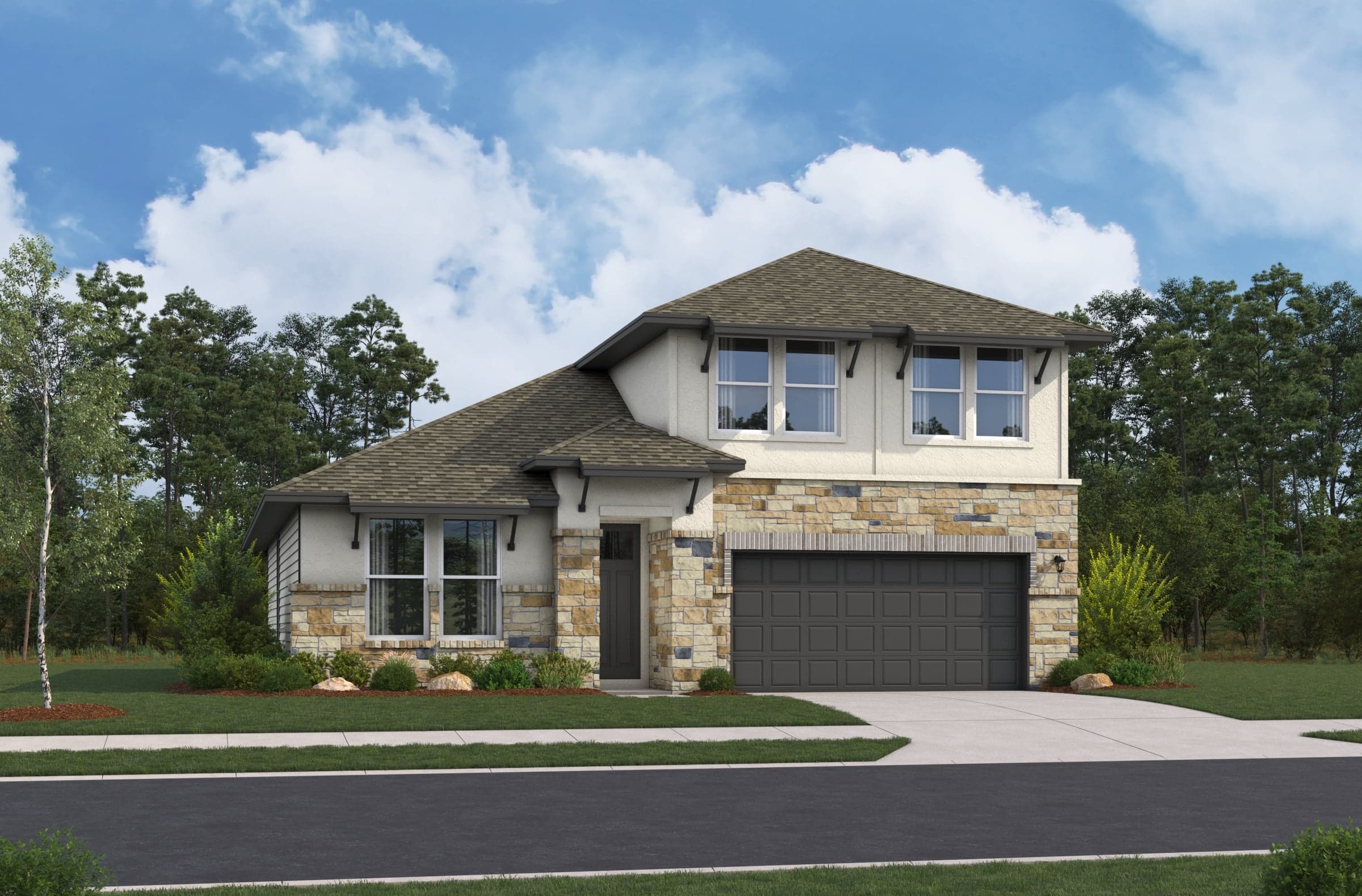 home with rock, windows and landscaping