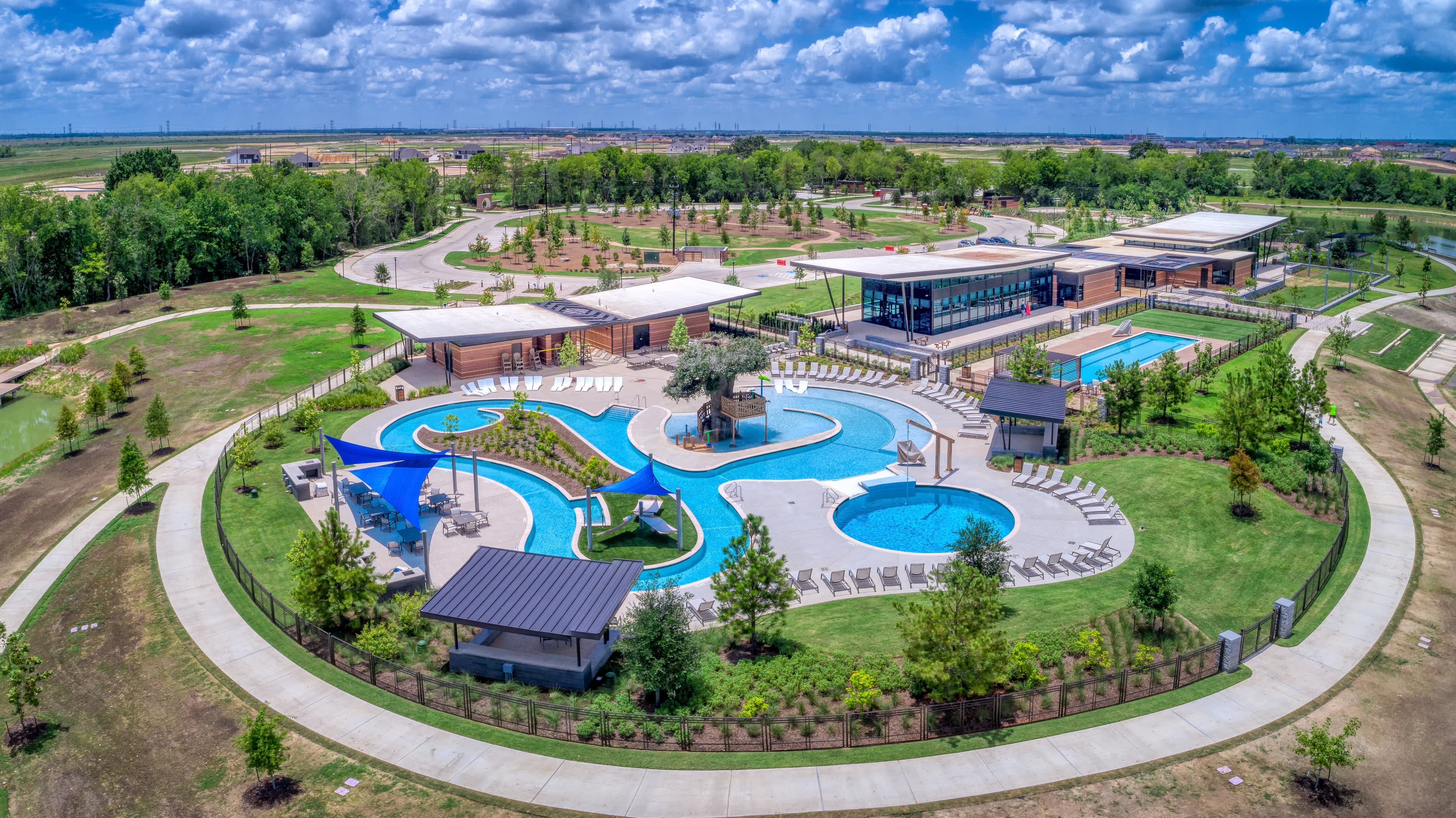 aerial view of park and lazy river