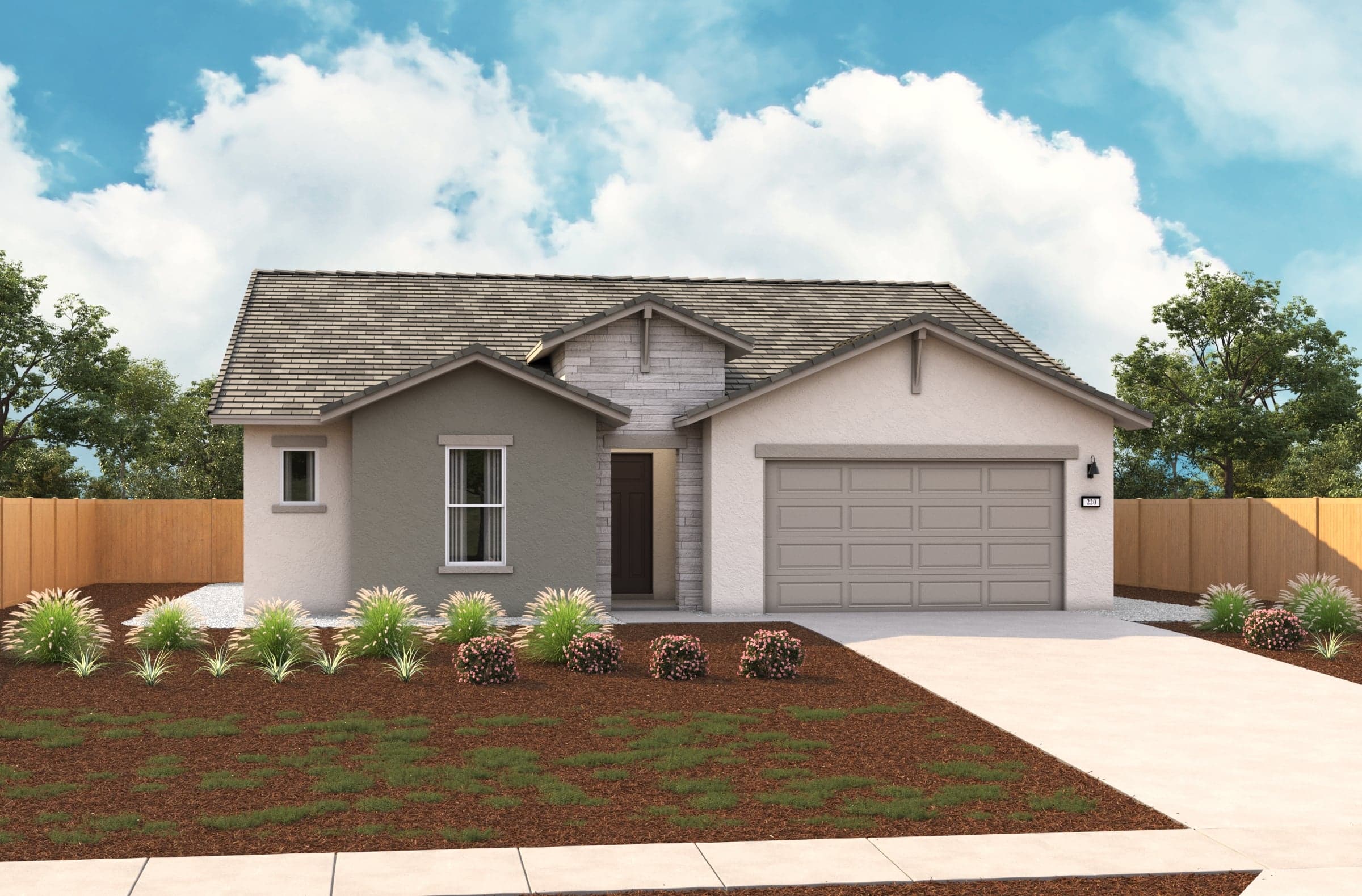 tan and gray single-story home with stacked stone entry and black door