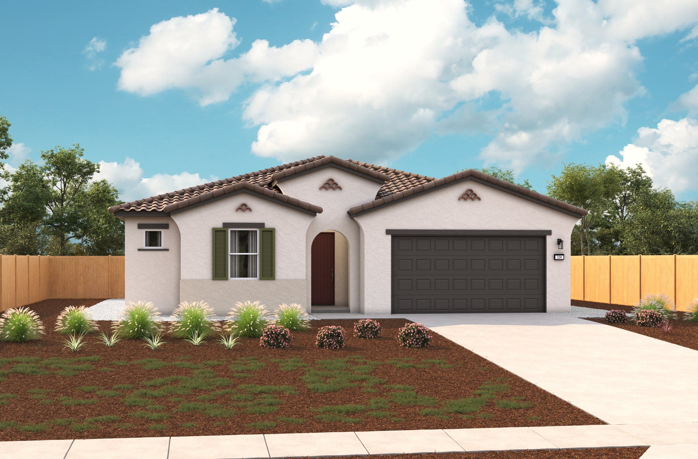 font exterior of single-story white and gray spanish style home with tile roof