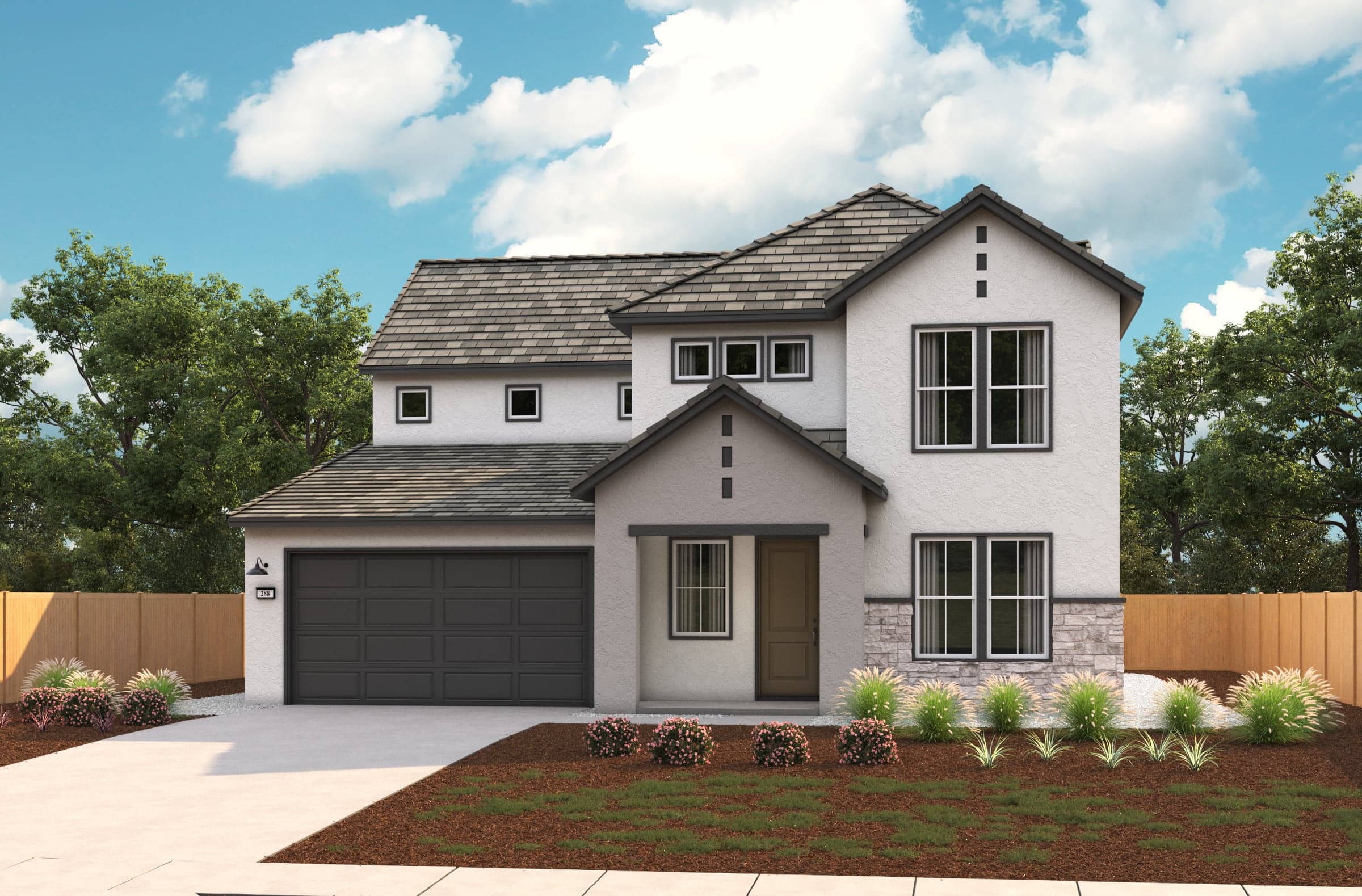 front exterior of two-story white and gray home with multiple windows