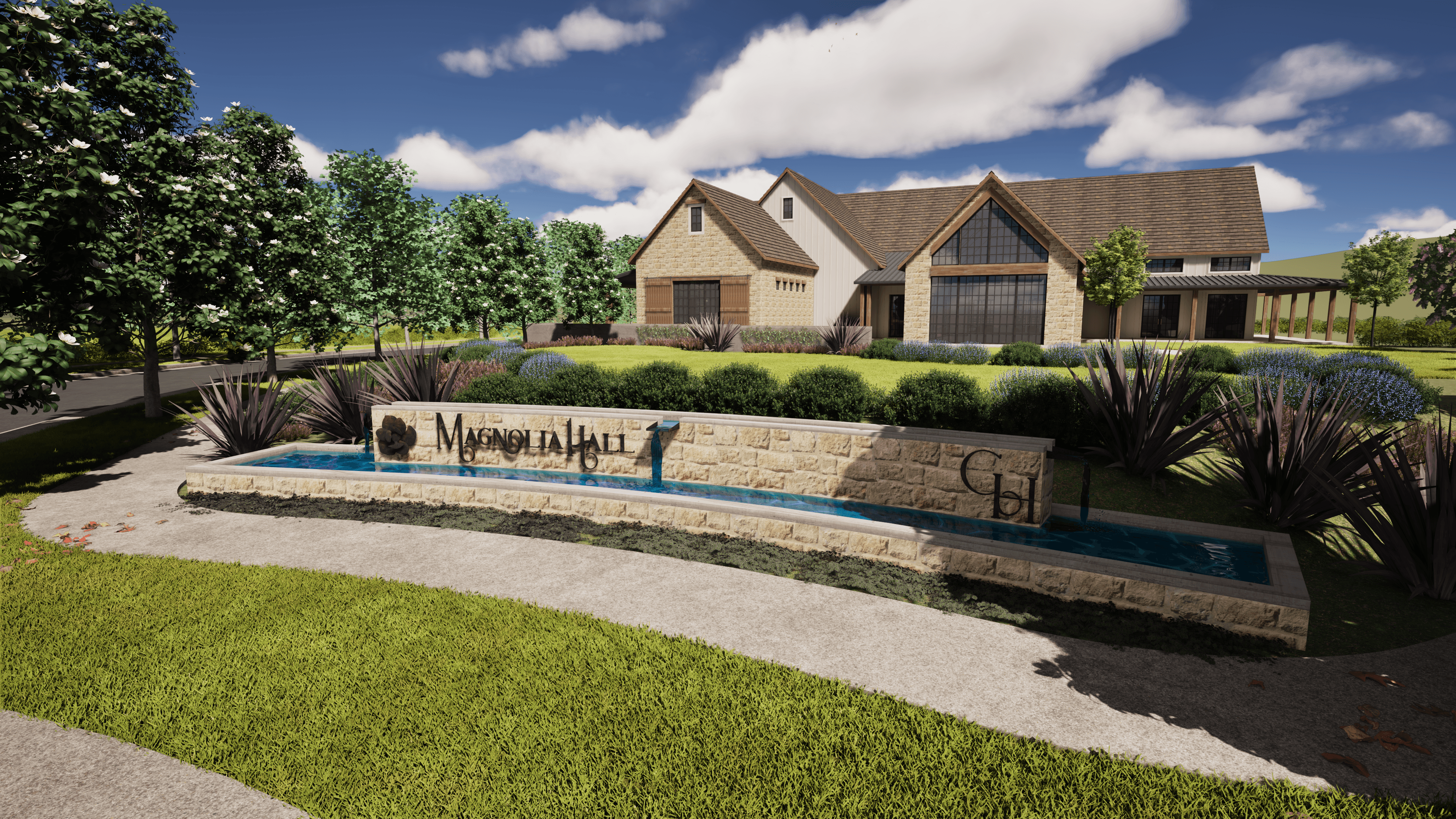 street view of future clubhouse with landscaping and water feature