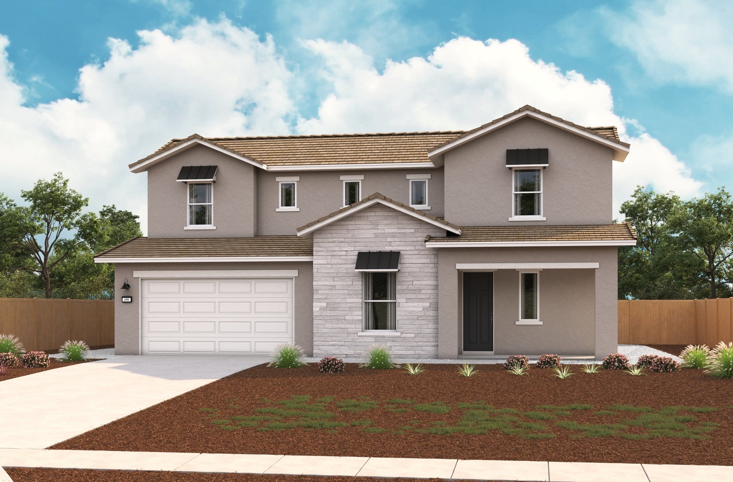 front exterior of two-story tan and white home with stacked stone and black awnings over select windows