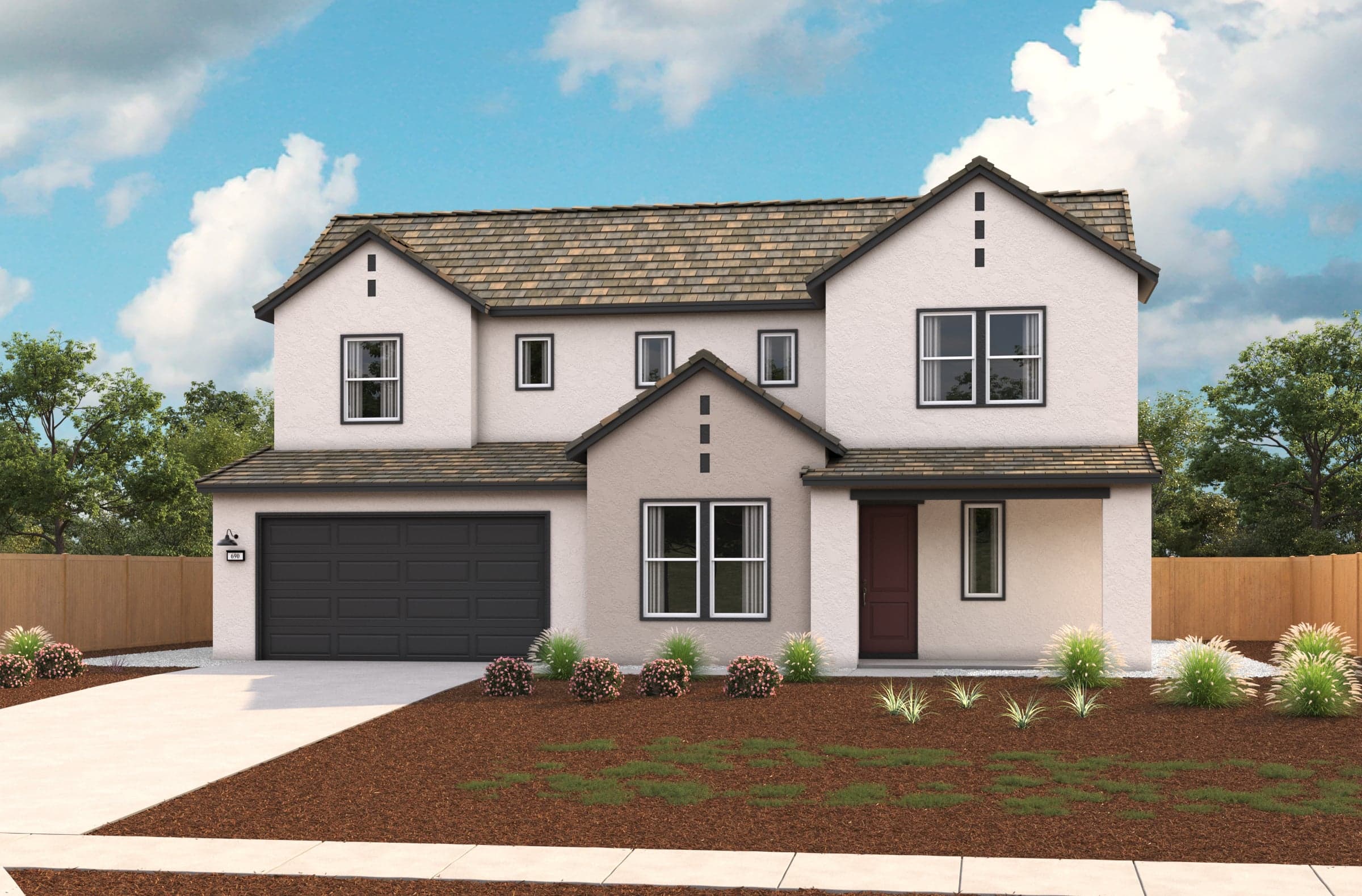 two-story white home with porch and dark gray garage door