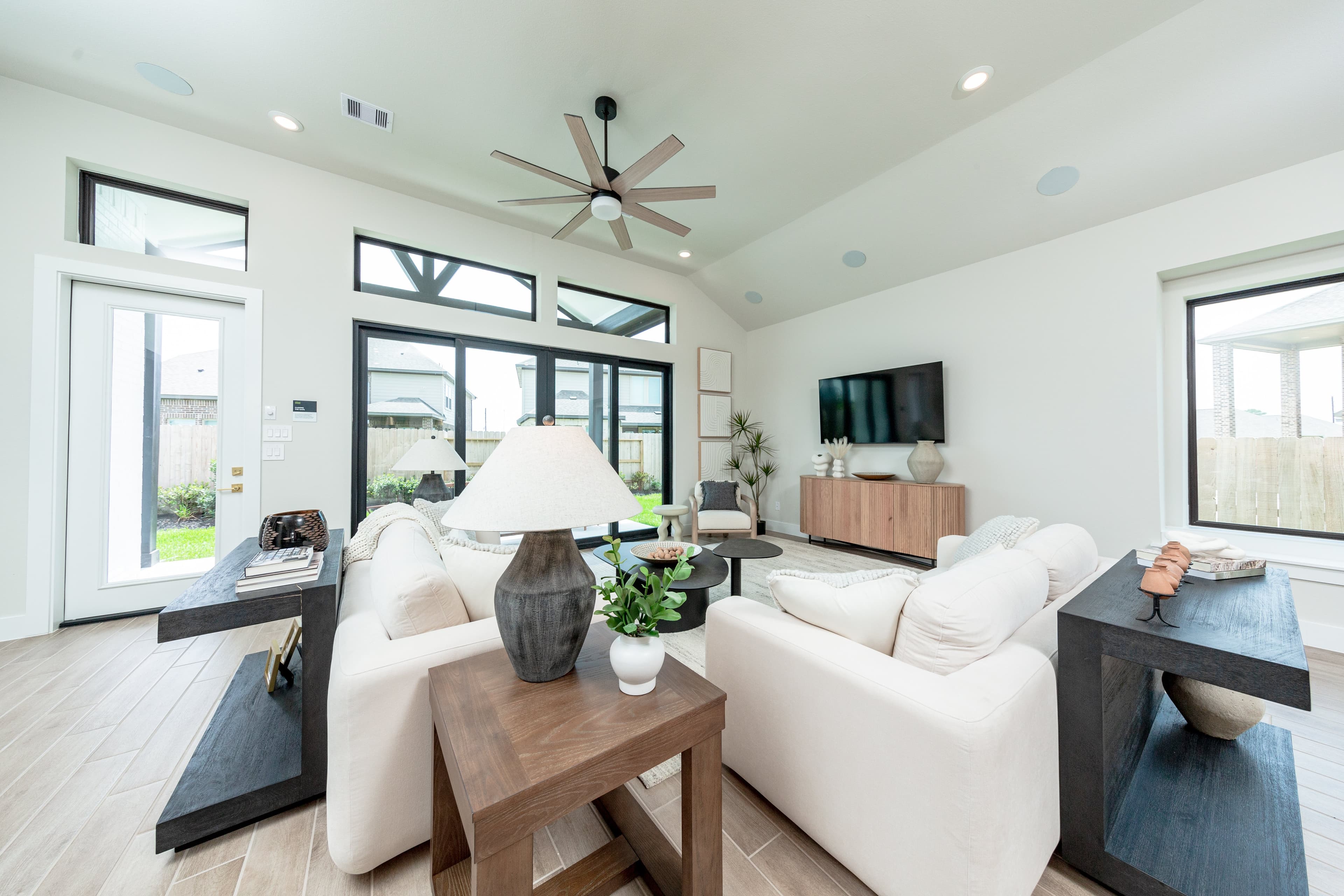 open great room with tall ceilings