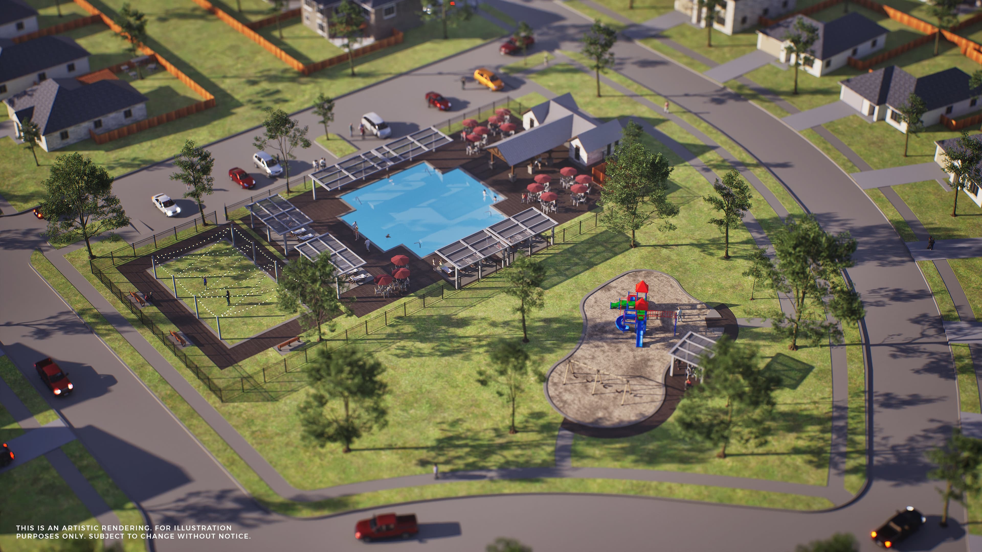 amenity center with large pool and playground with slides