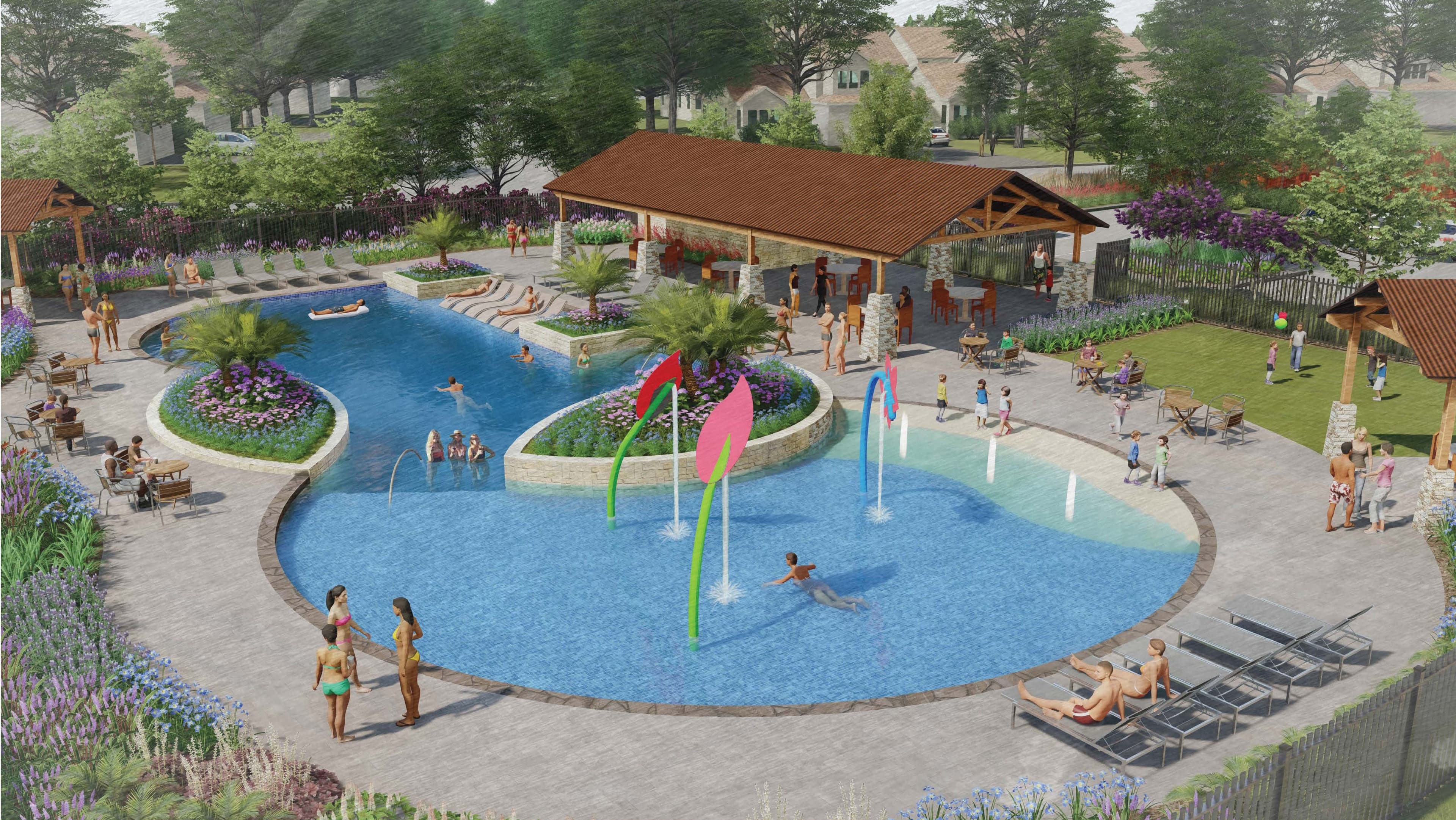 community pool with splash pad, outdoor seating and recreation area