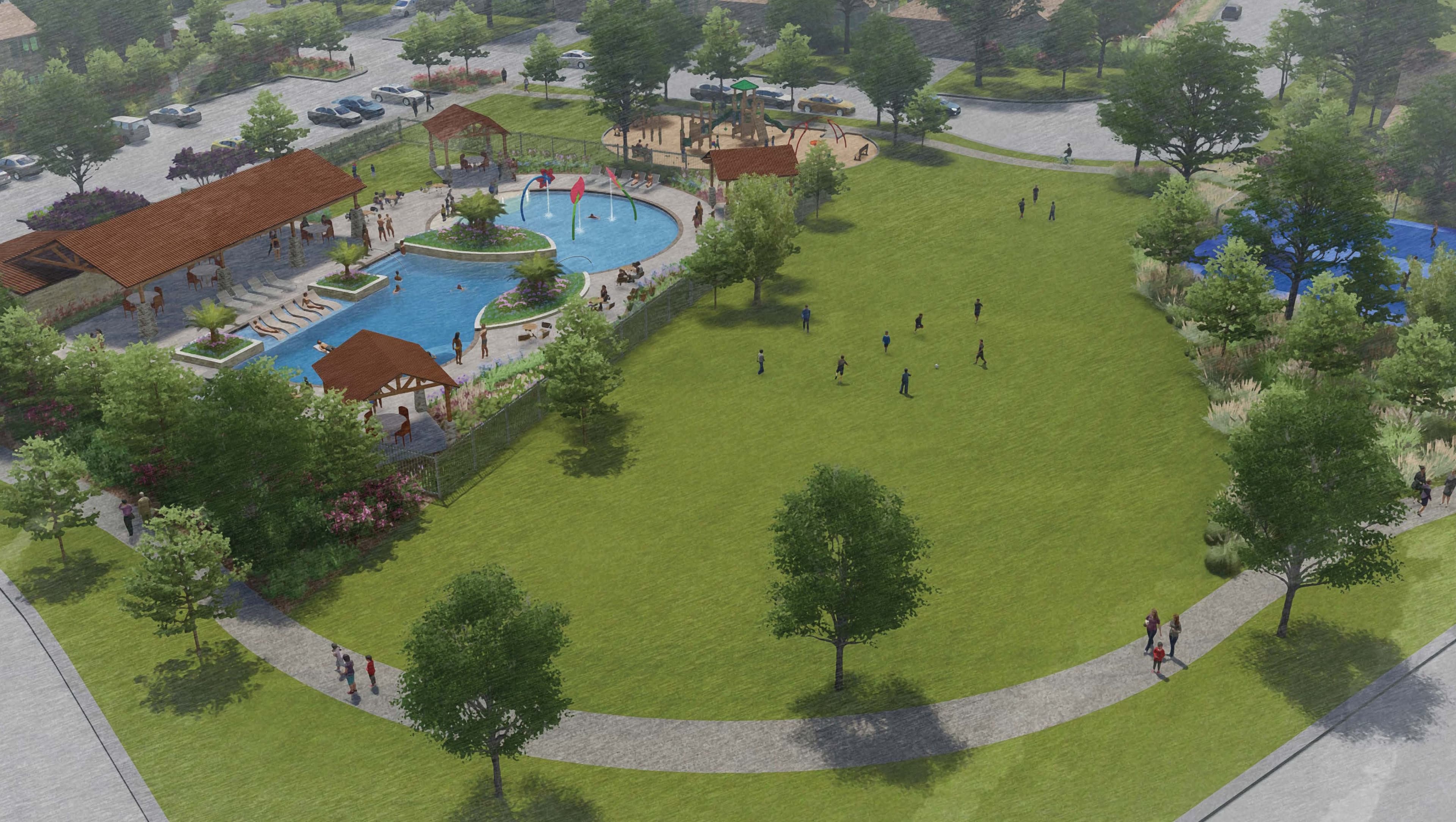 community recreation with swimming pool, walking trails and playground