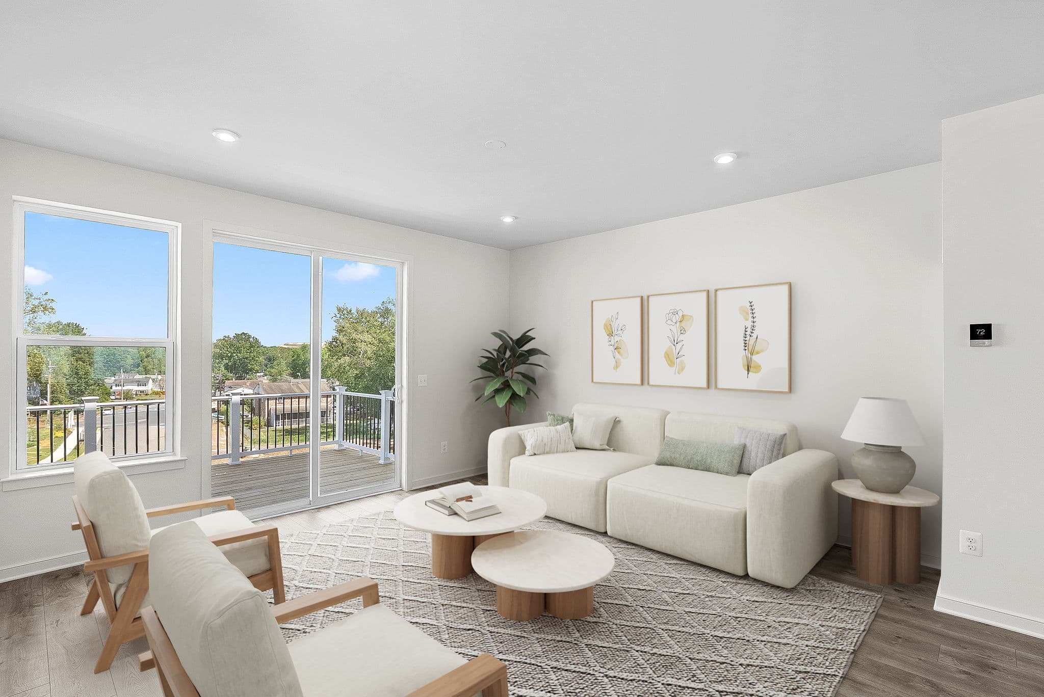 great room with coffee table, sofa and chairs