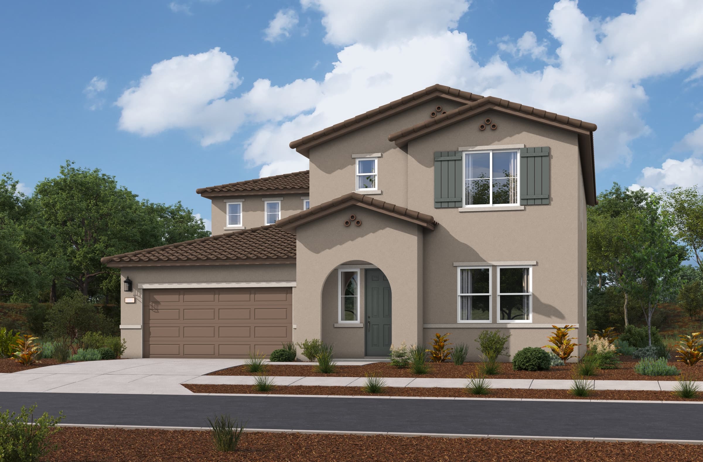 exterior of two-story home with neutral paint and green accents