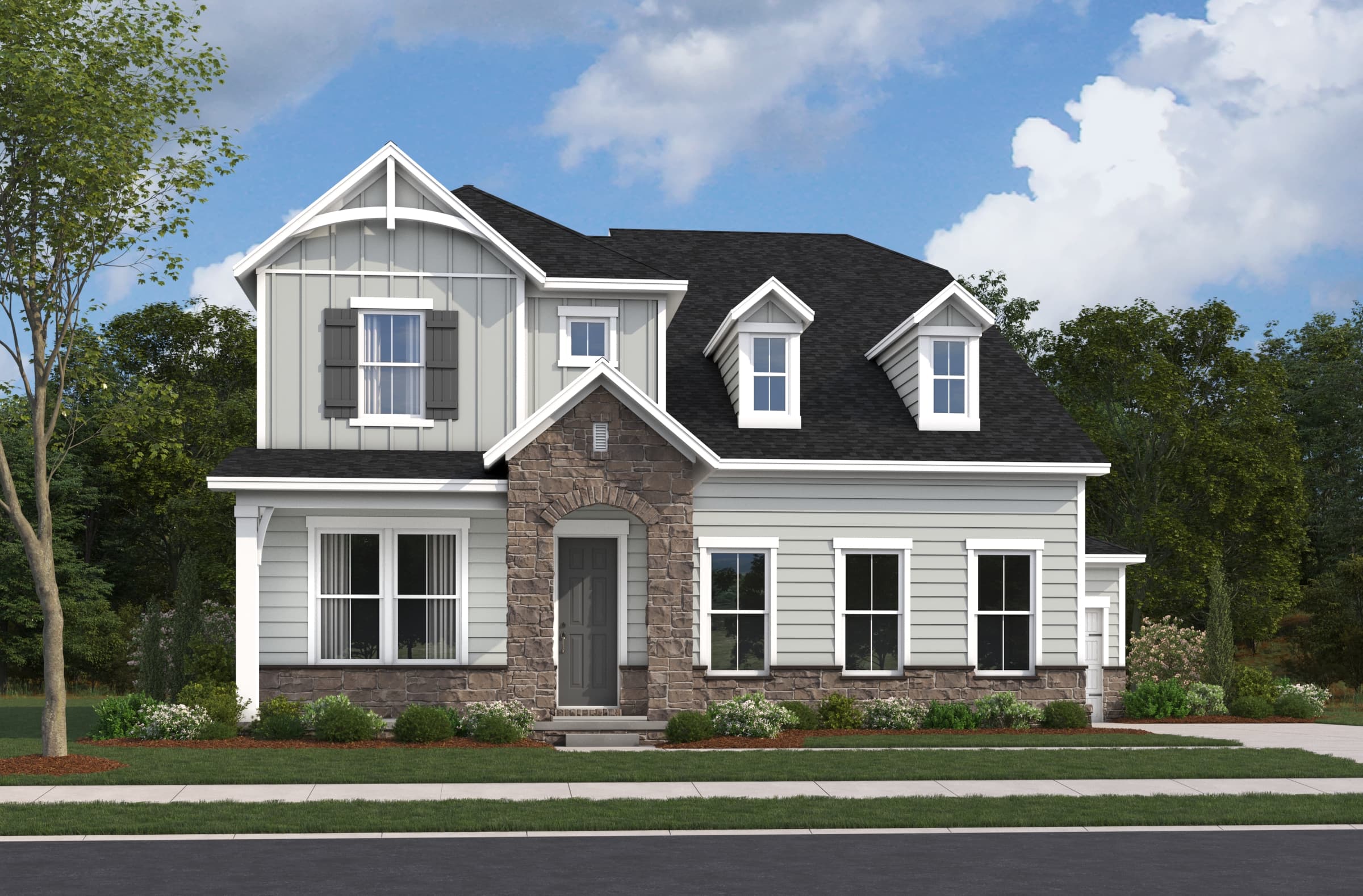 exterior with grey siding and stone