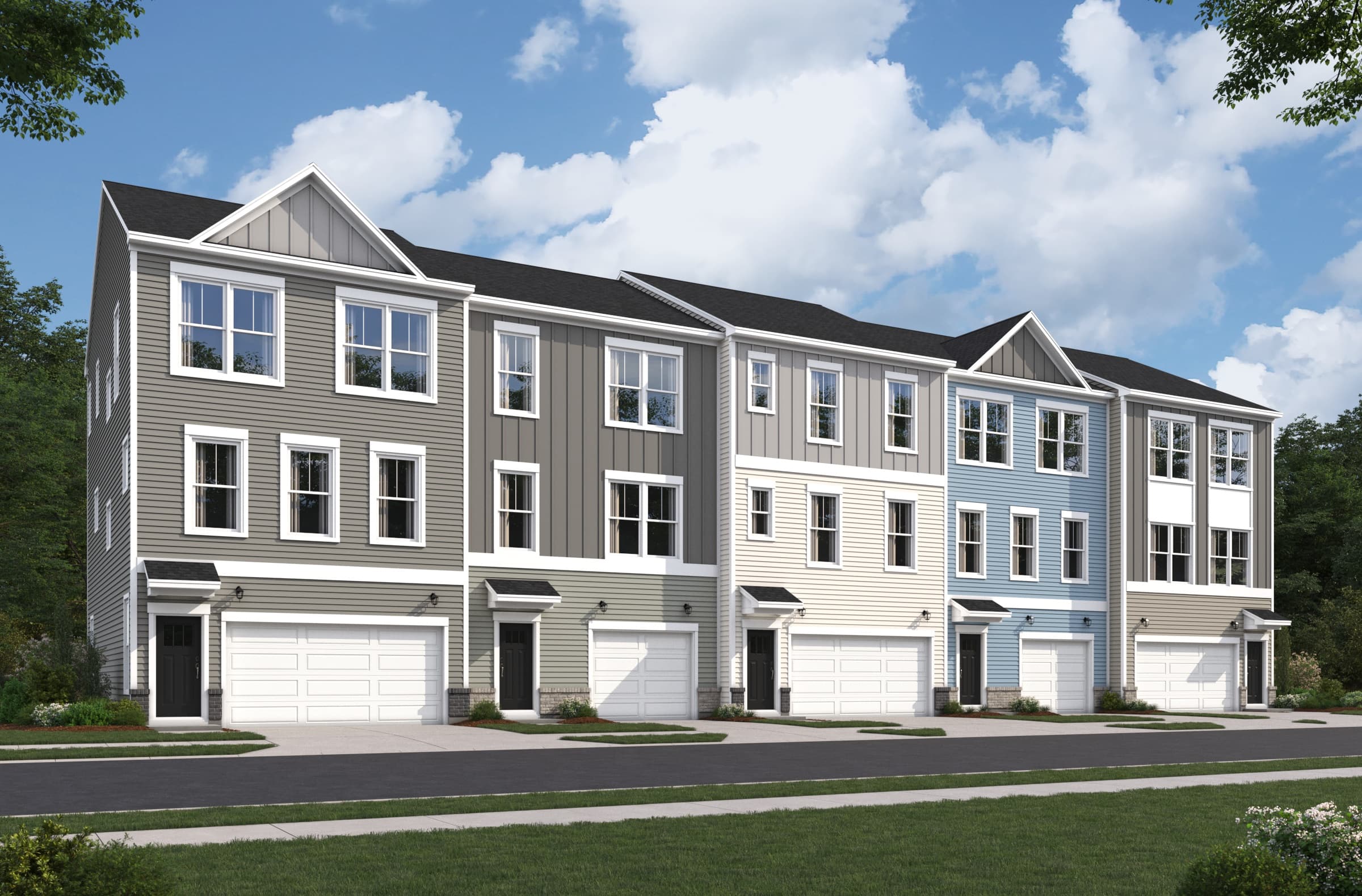 townhome building rendering with grass and clouds in background