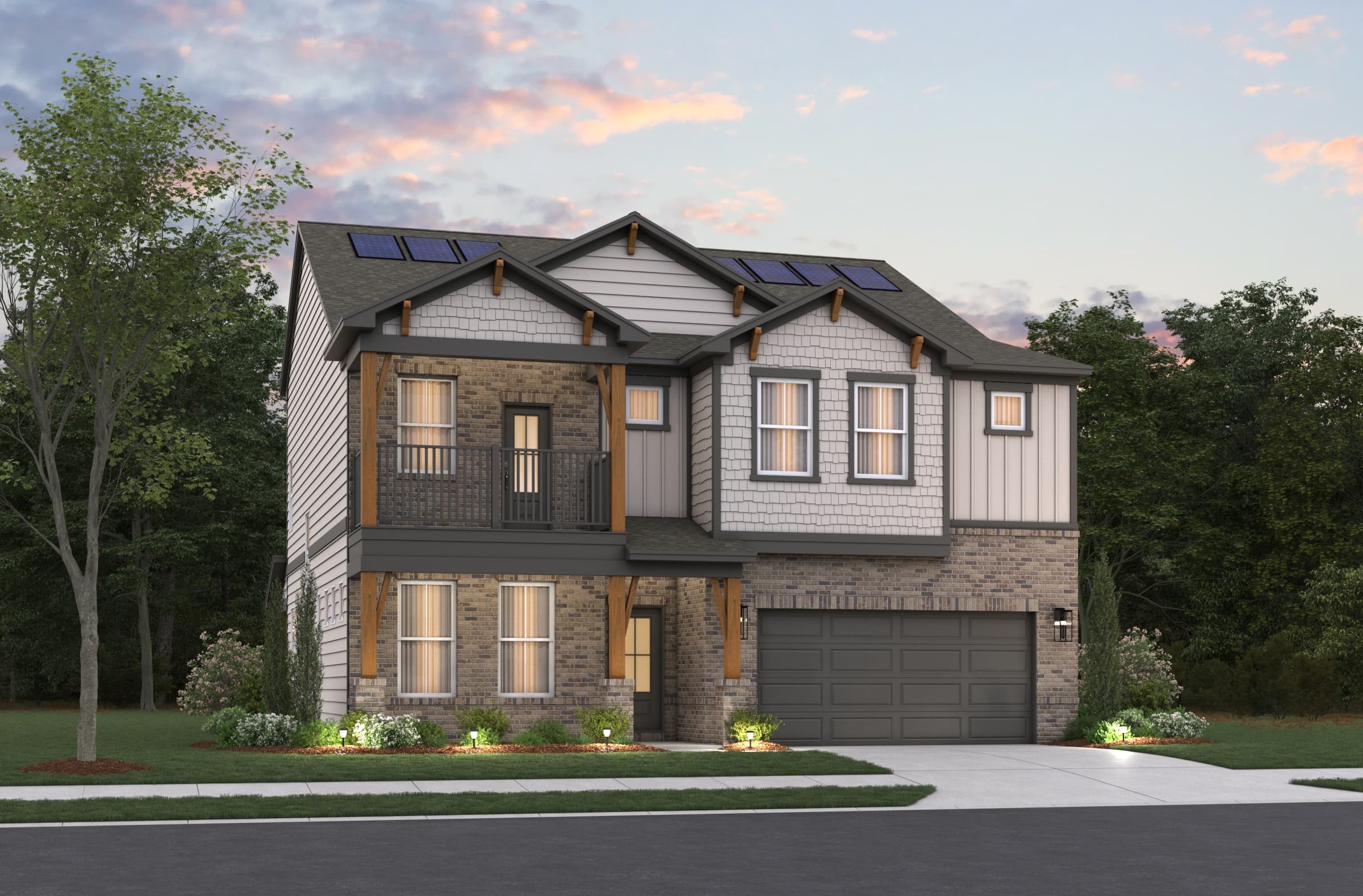 front of 2-story home with 2-car garage and solar panels