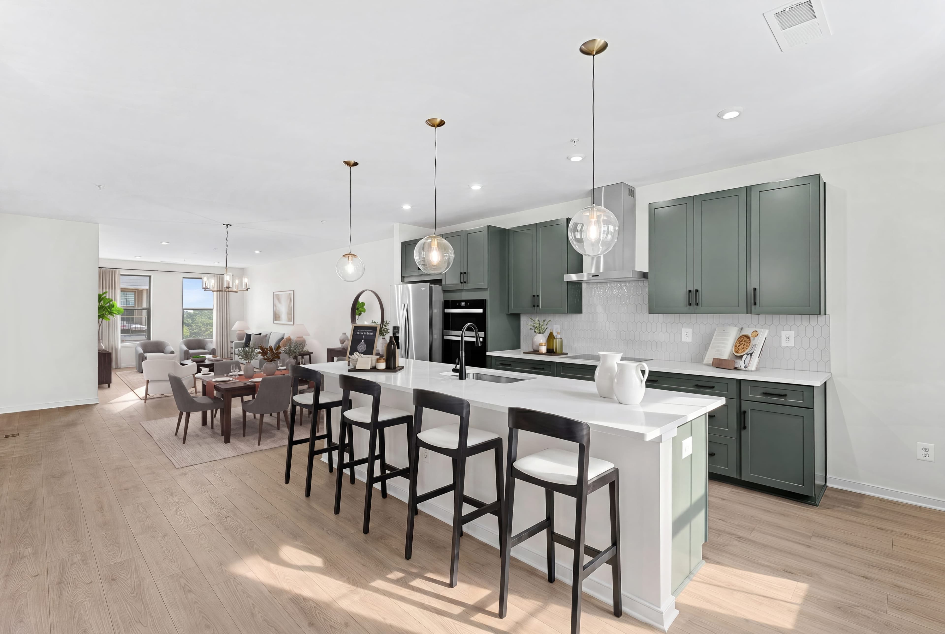 kitchen with hardwood floors and large island