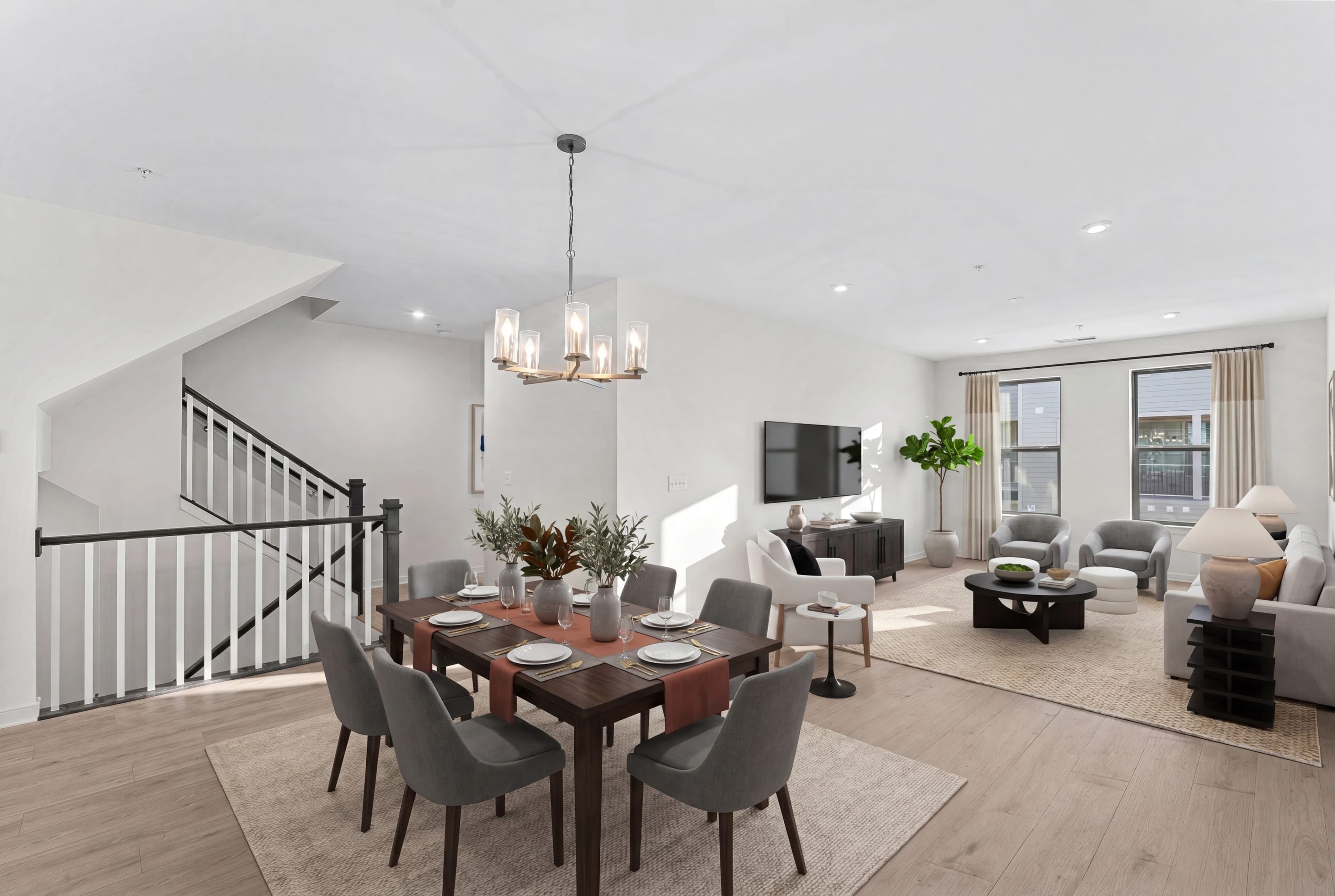 dining room table and chairs and pendant lighting