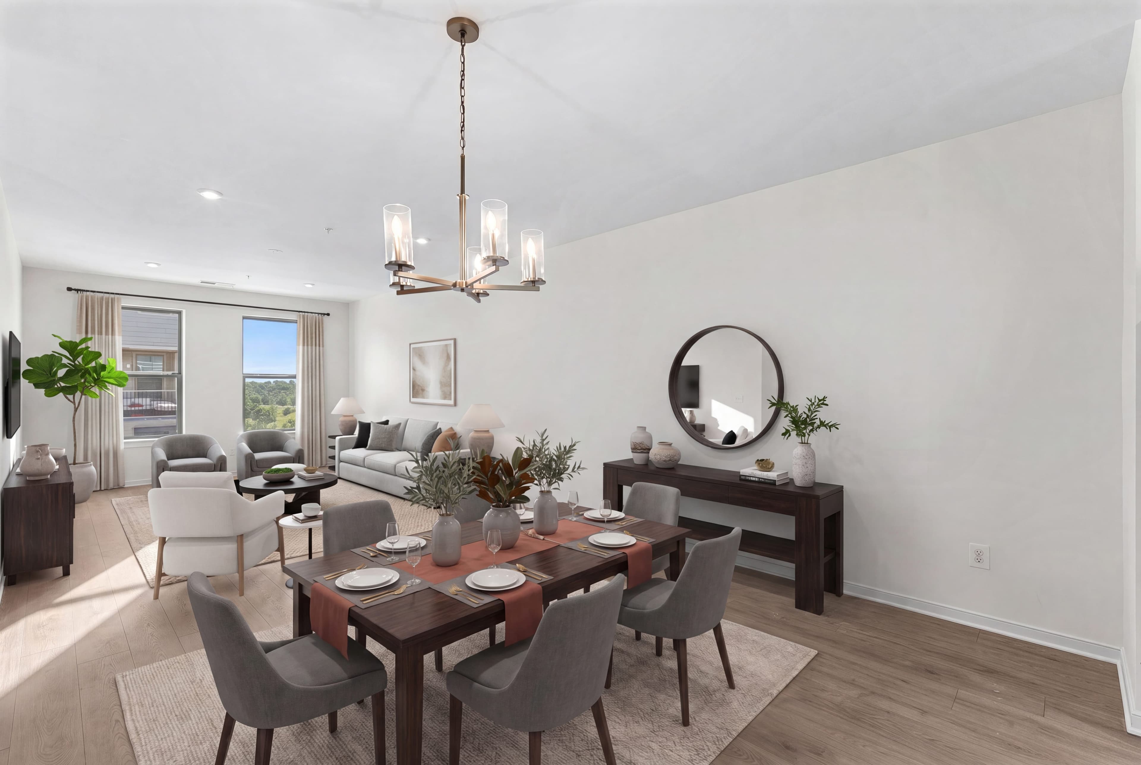 dining room table and chairs and pendant lighting
