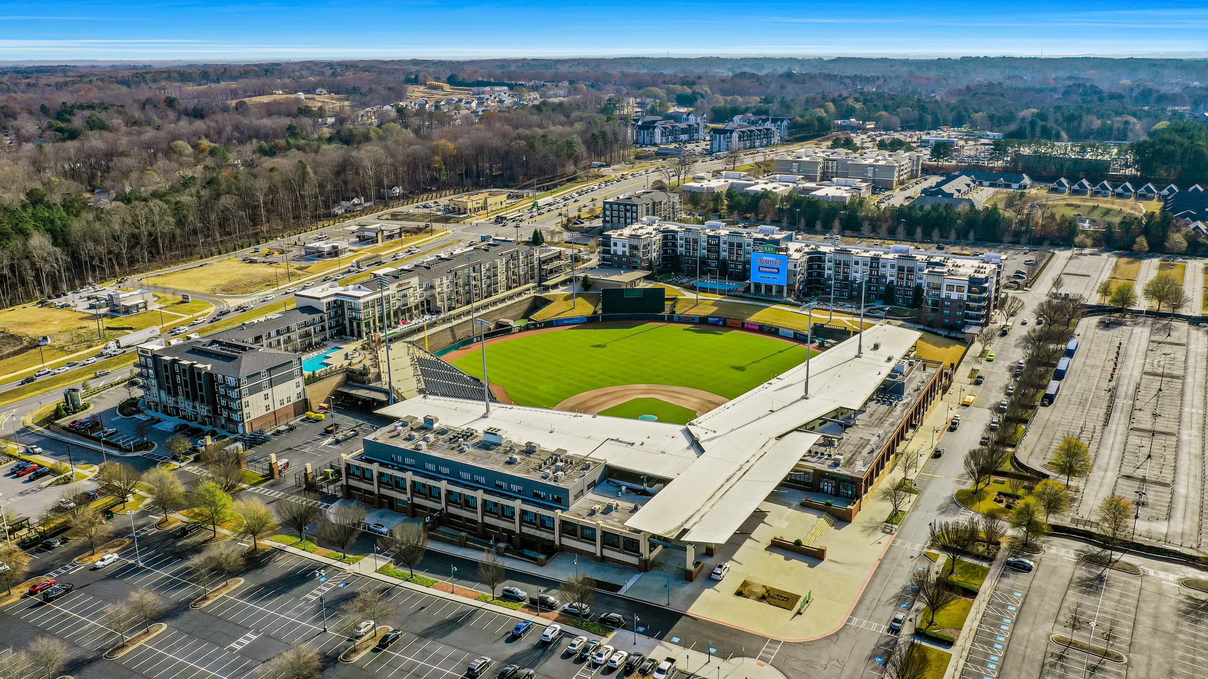aerial shot of field where gwinnett braves play